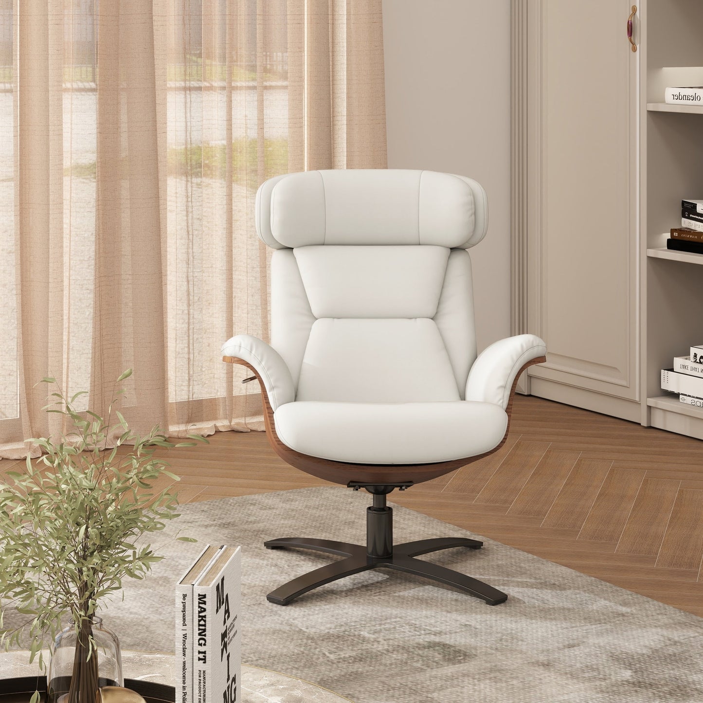 Fauteuil inclinable de salon Jovan en cuir véritable avec structure en bois incurvé de 31,5 pouces