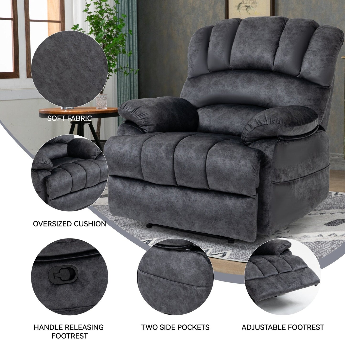 Grand fauteuil inclinable manuel pour adulte, confortable canapé inclinable individuel en tissu, fauteuil inclinable surrempli pour salon.