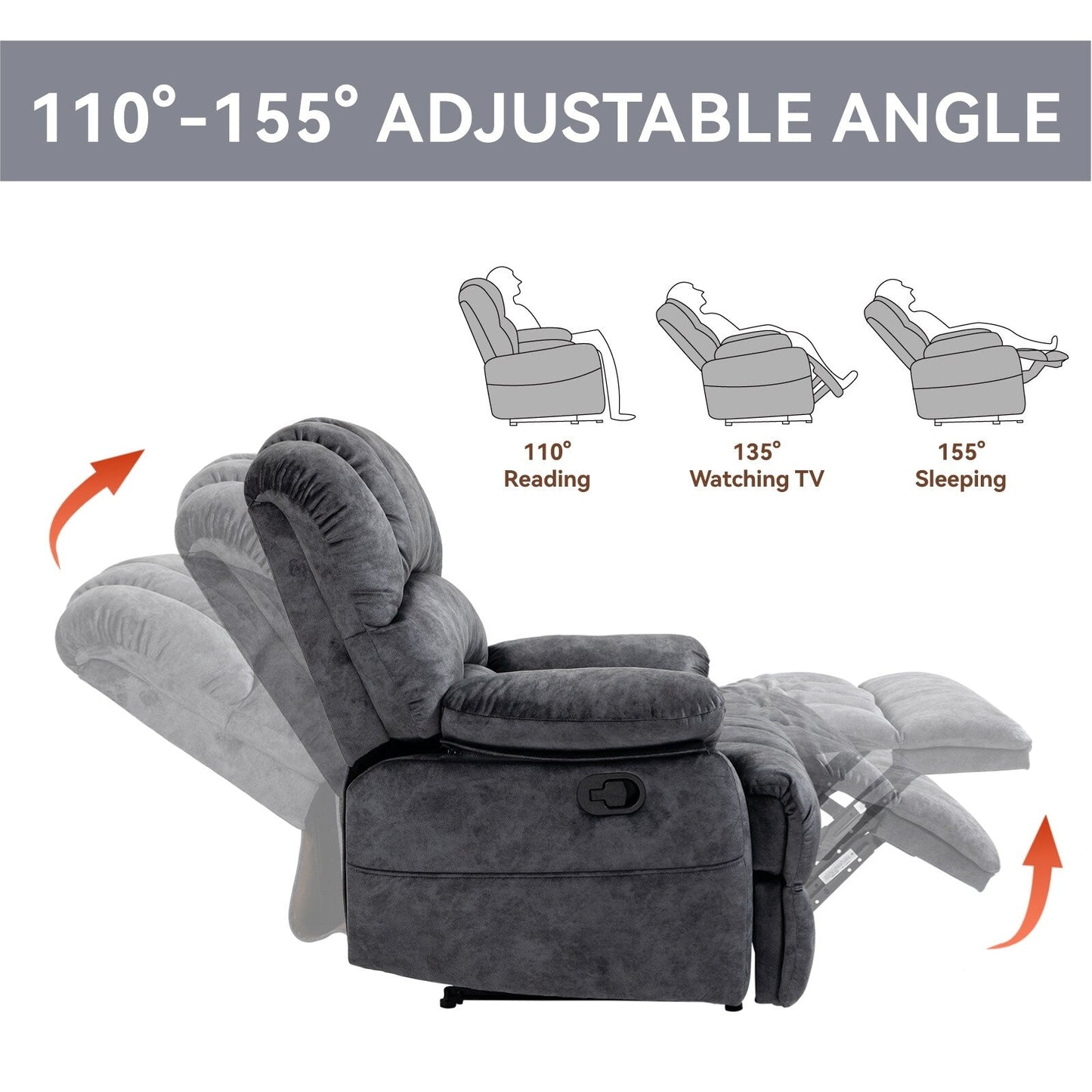 Grand fauteuil inclinable manuel pour adulte, confortable canapé inclinable individuel en tissu, fauteuil inclinable surrempli pour salon.