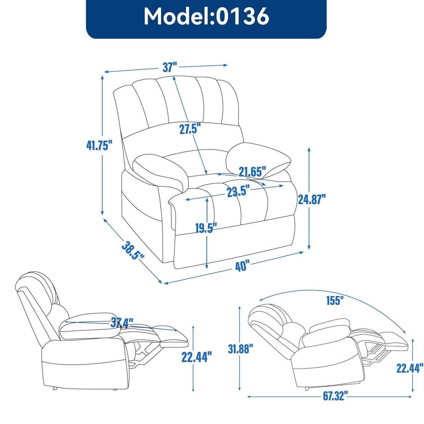 Grand fauteuil inclinable manuel pour adulte, confortable canapé inclinable individuel en tissu, fauteuil inclinable surrempli pour salon.