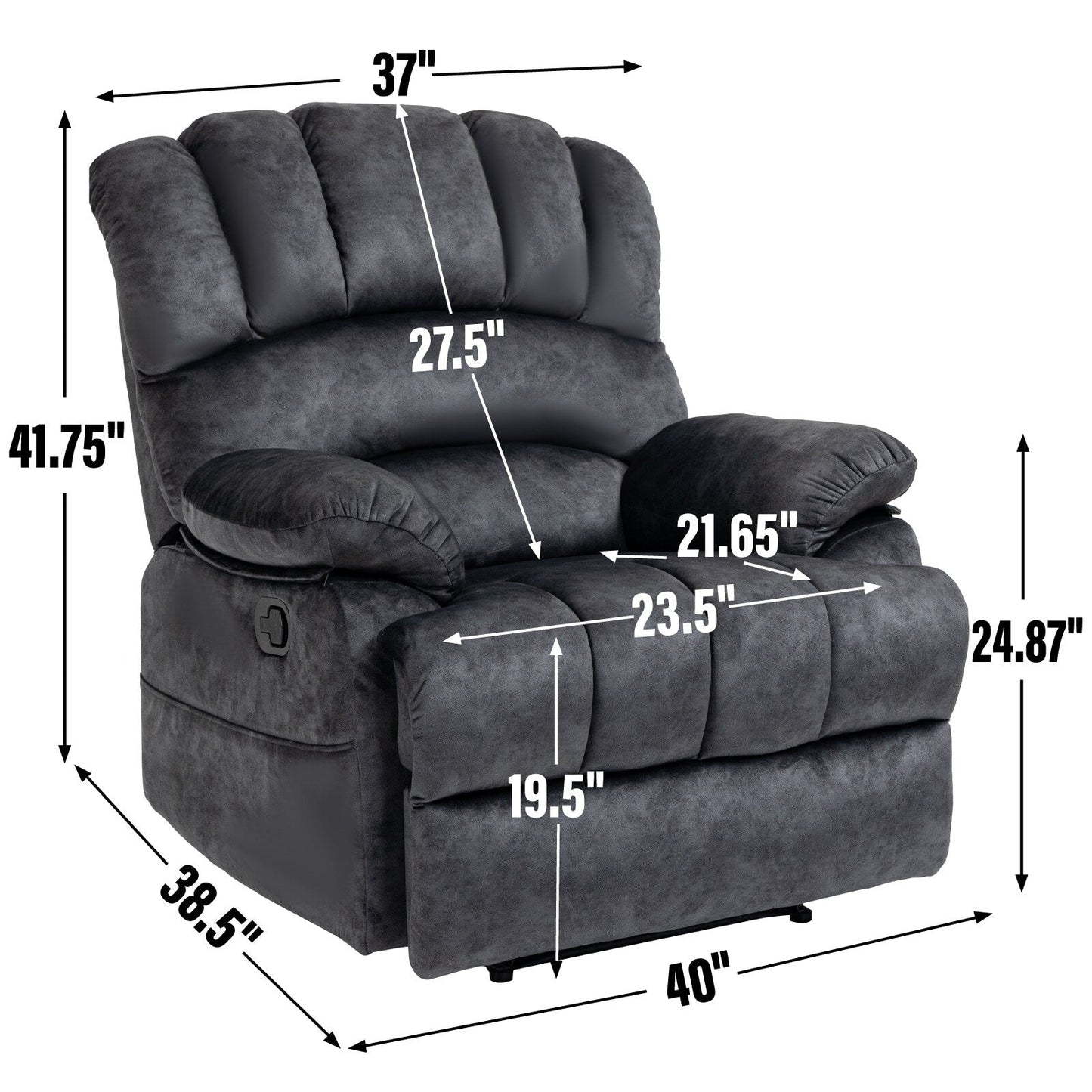 Grand fauteuil inclinable manuel pour adulte, confortable canapé inclinable individuel en tissu, fauteuil inclinable surrempli pour salon.