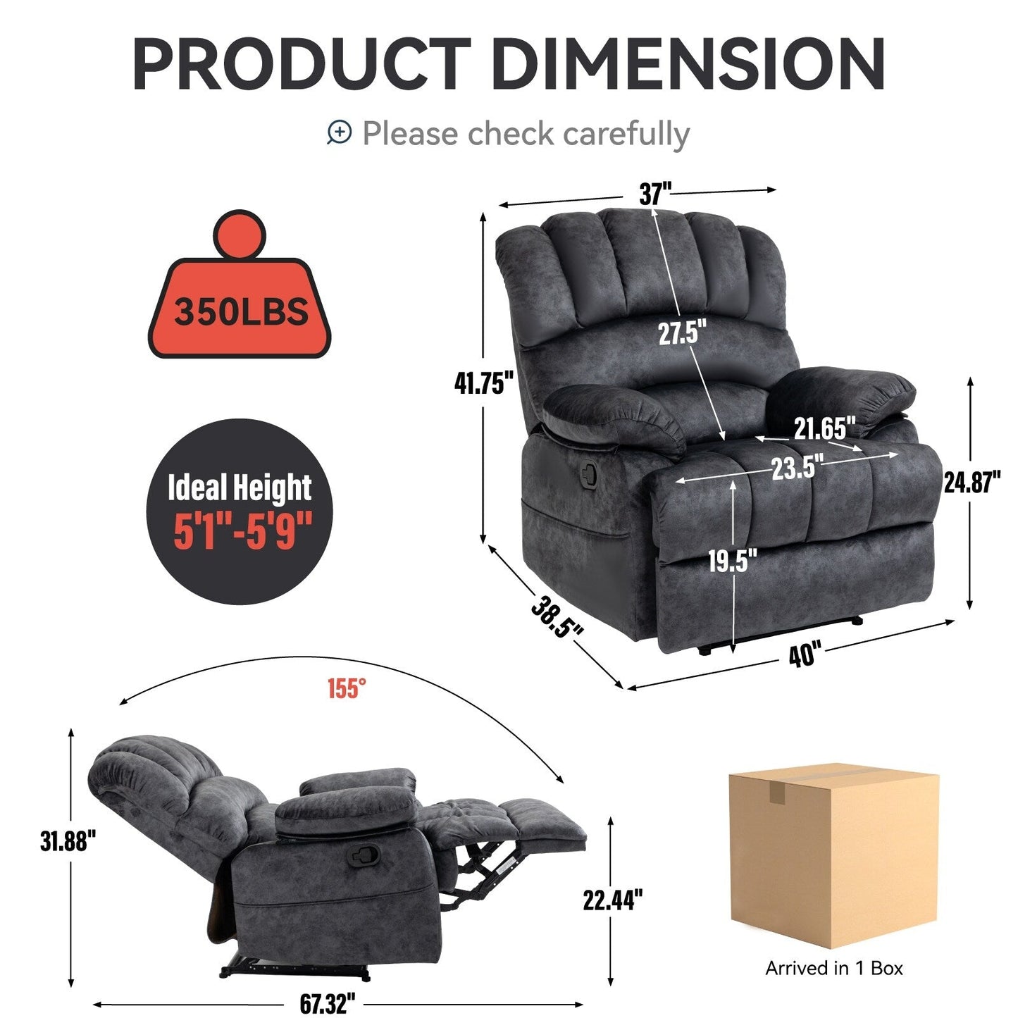 Grand fauteuil inclinable manuel pour adulte, confortable canapé inclinable individuel en tissu, fauteuil inclinable surrempli pour salon.