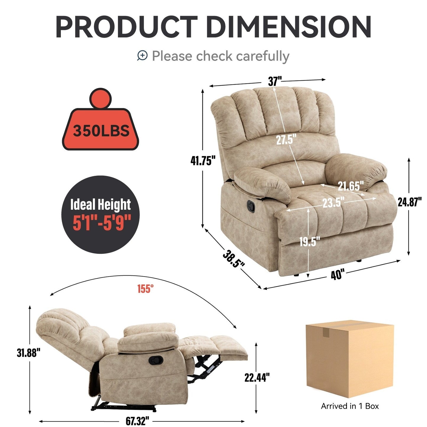 Grand fauteuil inclinable manuel pour adulte, confortable canapé inclinable individuel en tissu, fauteuil inclinable surrempli pour salon.