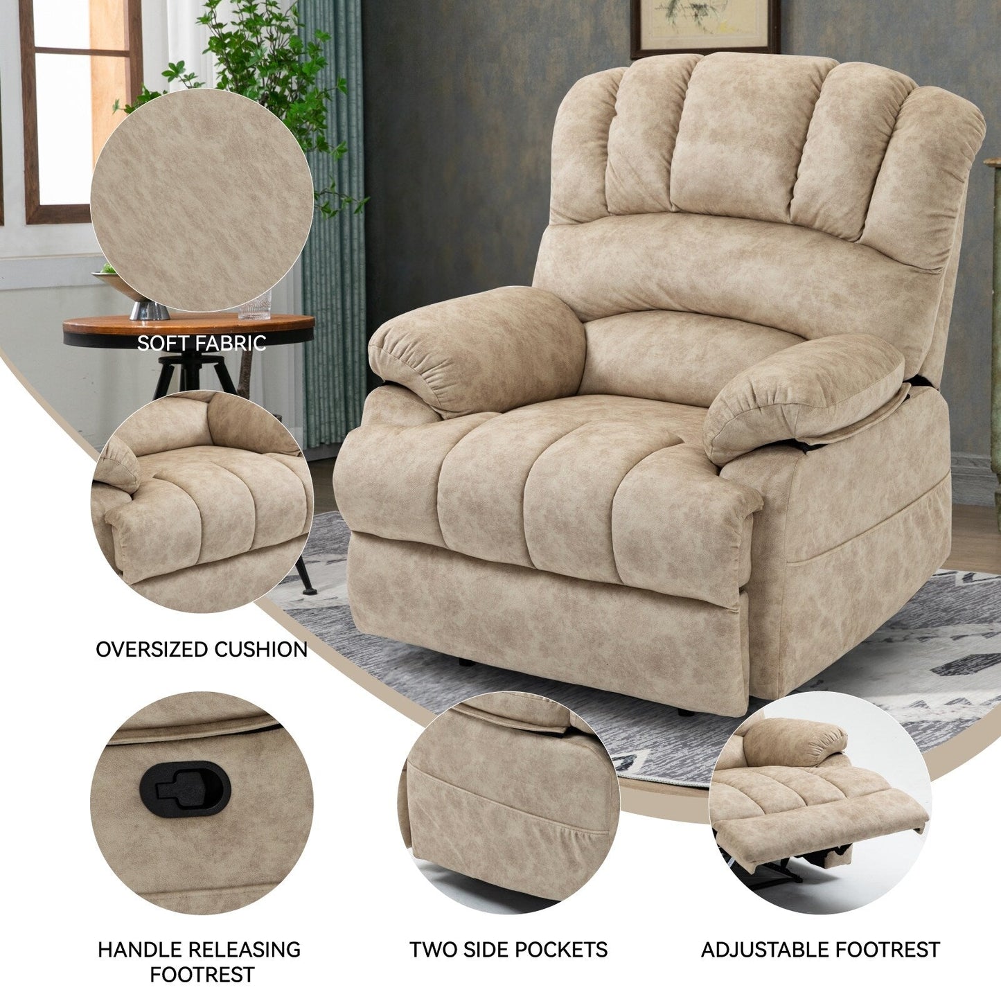 Grand fauteuil inclinable manuel pour adulte, confortable canapé inclinable individuel en tissu, fauteuil inclinable surrempli pour salon.