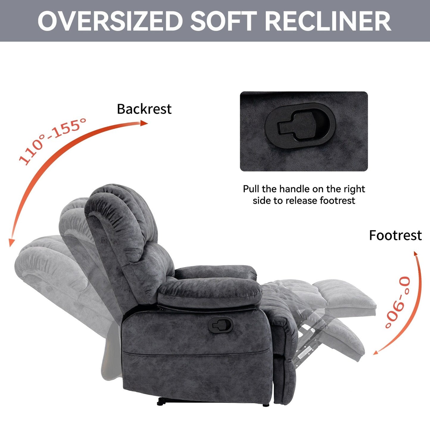 Grand fauteuil inclinable manuel pour adulte, confortable canapé inclinable individuel en tissu, fauteuil inclinable surrempli pour salon.