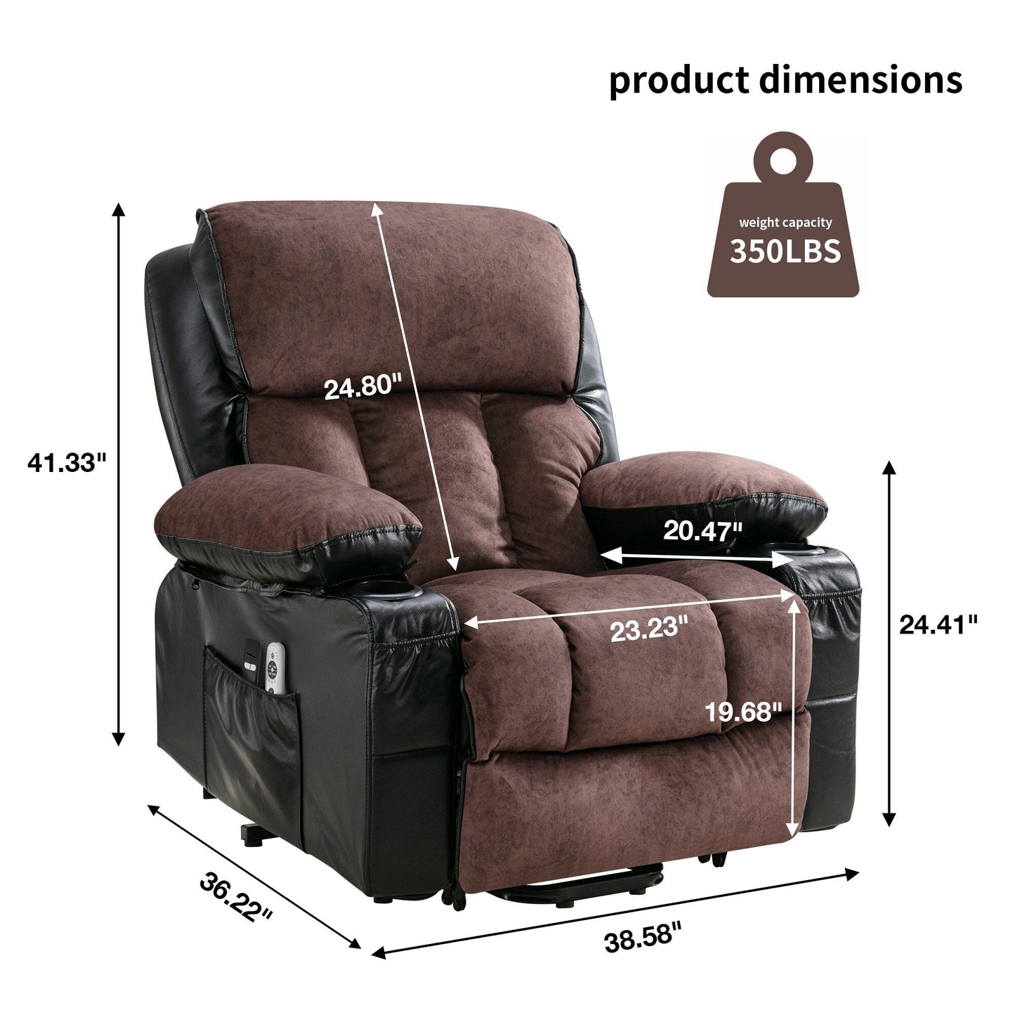 Grand fauteuil inclinable à levage électrique avec fonction chauffante et massage à 8 points - Télécommande, port USB