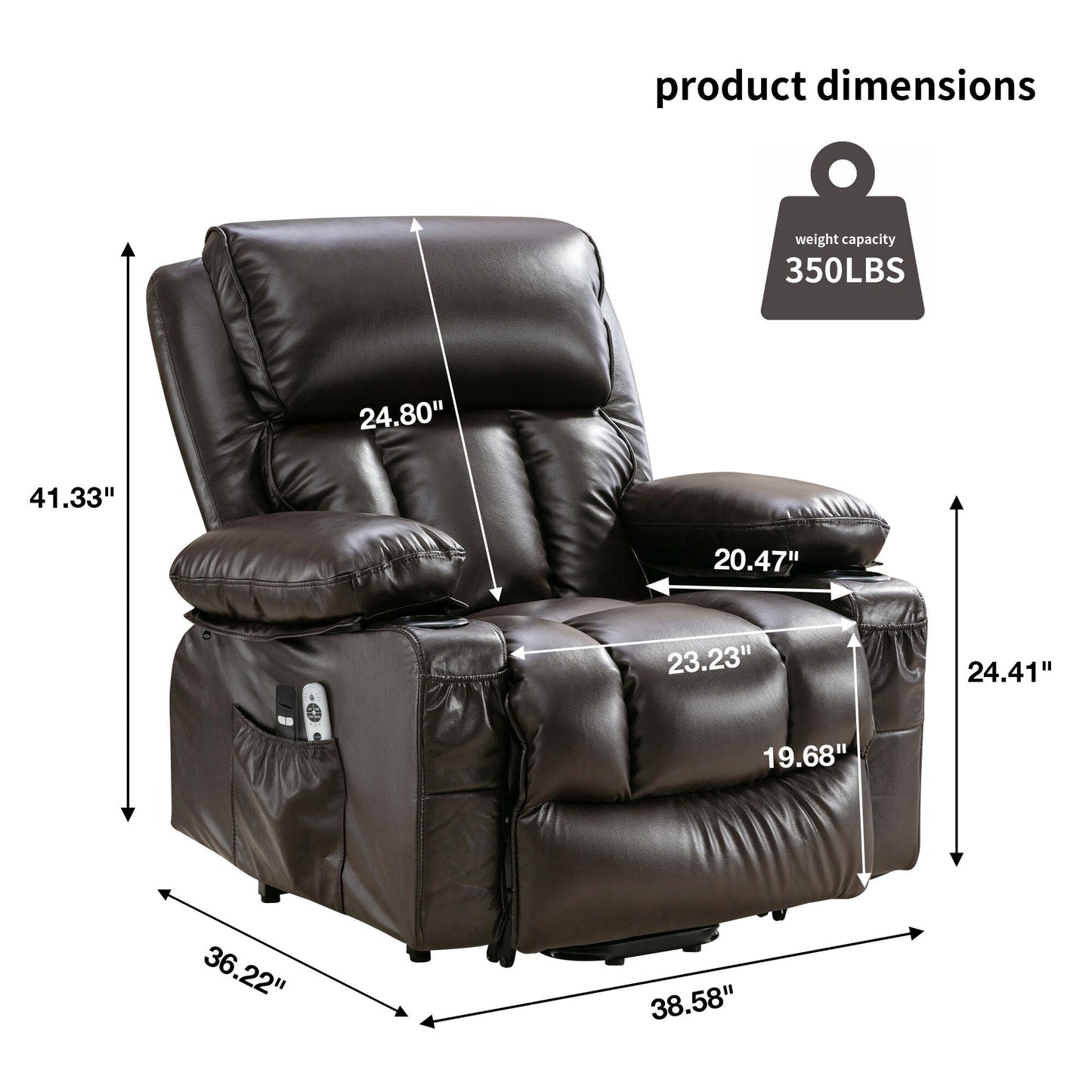 Grand fauteuil inclinable à levage électrique avec fonction chauffante et massage à 8 points - Télécommande, port USB