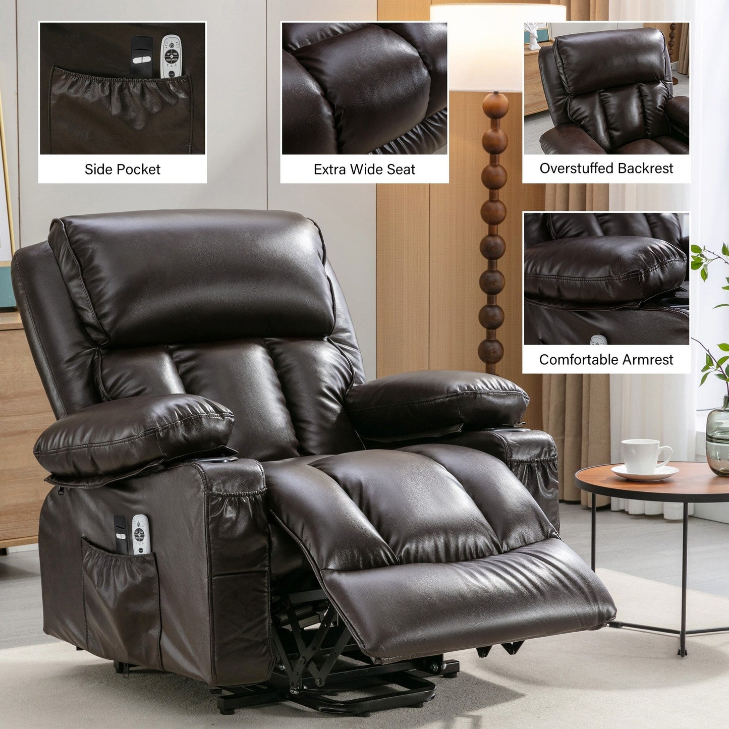Grand fauteuil inclinable à levage électrique avec fonction chauffante et massage à 8 points - Télécommande, port USB