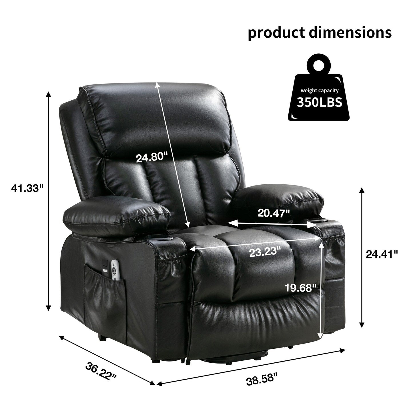 Grand fauteuil inclinable à levage électrique avec fonction chauffante et massage à 8 points - Télécommande, port USB