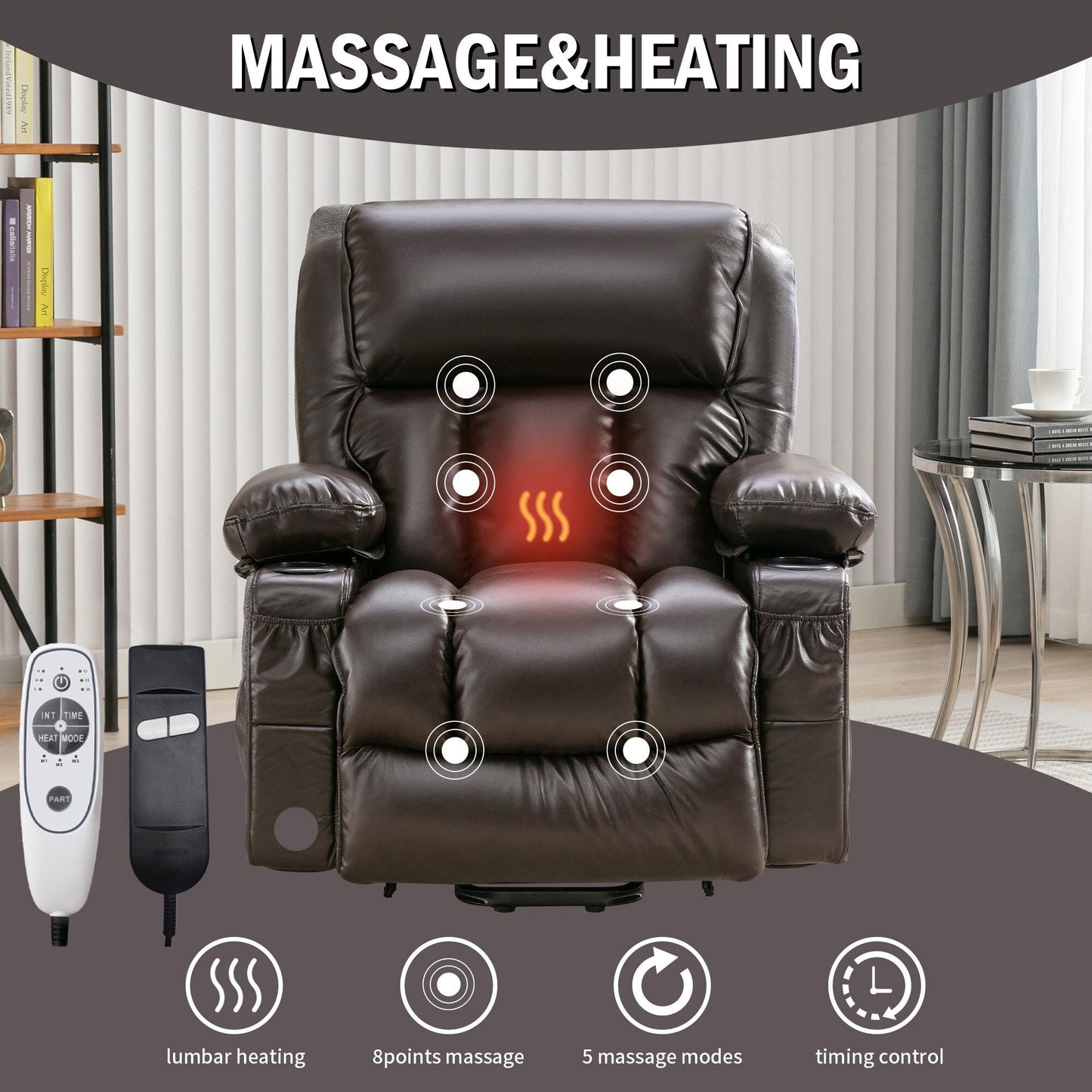 Grand fauteuil inclinable à levage électrique avec fonction chauffante et massage à 8 points - Télécommande, port USB