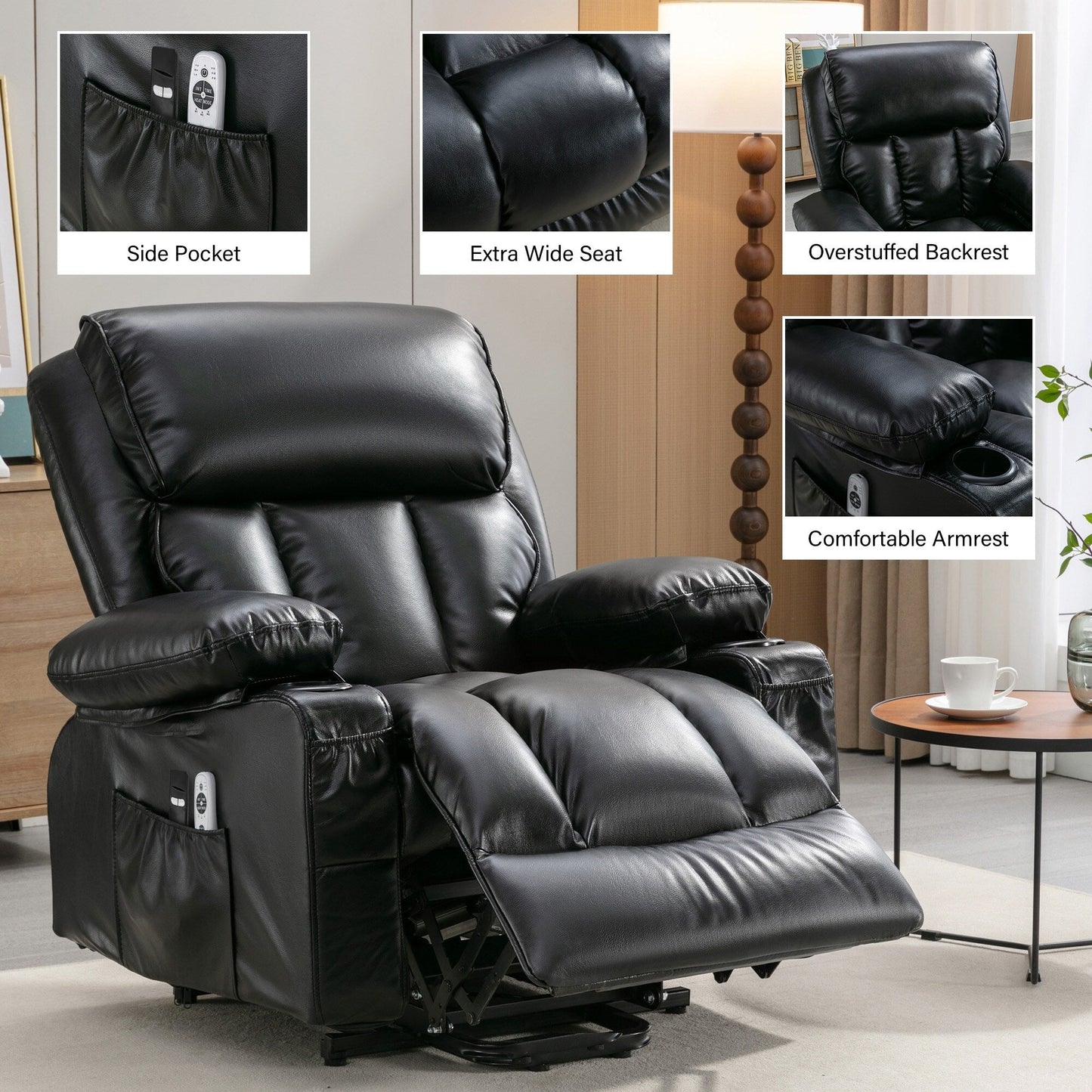 Grand fauteuil inclinable à levage électrique avec fonction chauffante et massage à 8 points - Télécommande, port USB