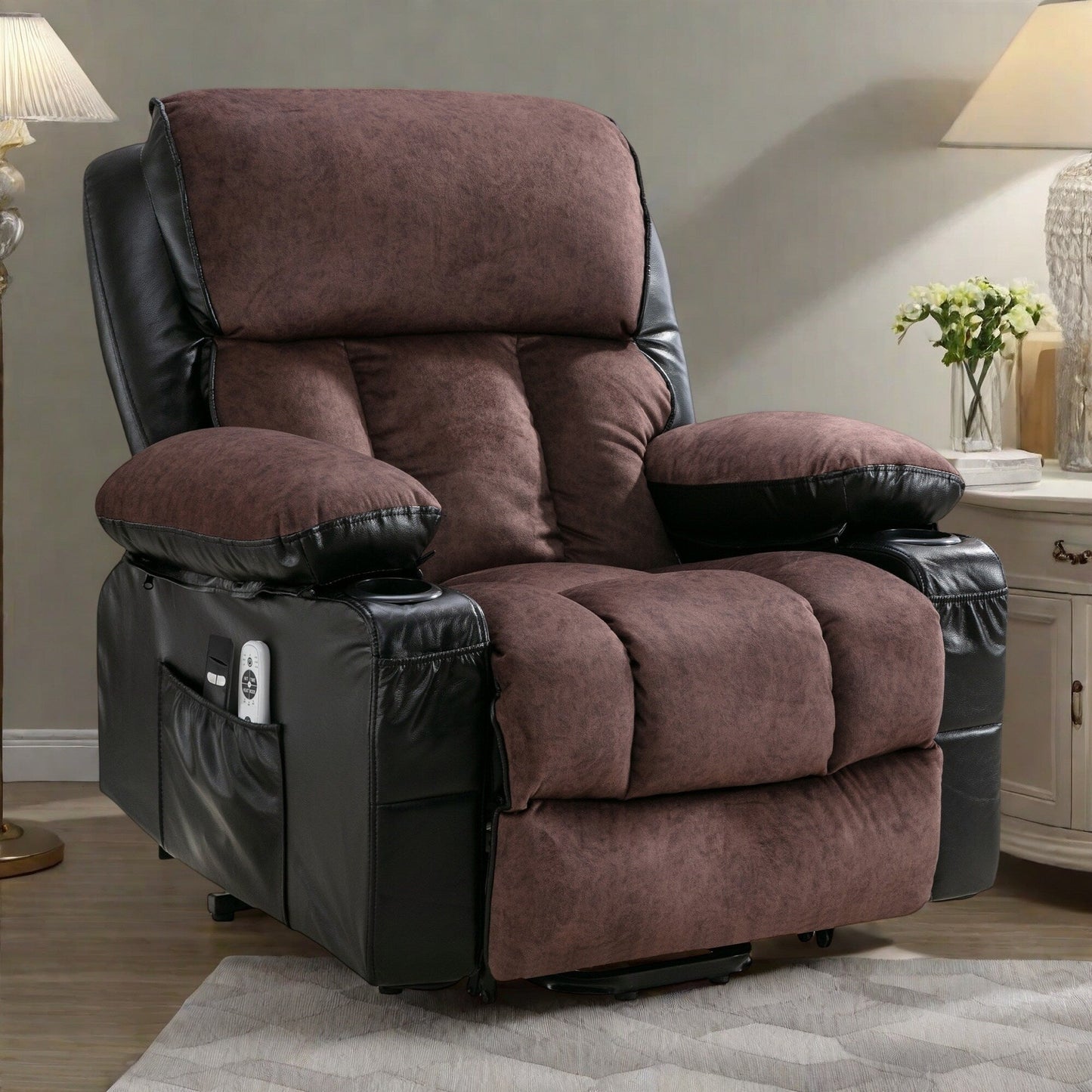 Grand fauteuil inclinable à levage électrique avec fonction chauffante et massage à 8 points - Télécommande, port USB