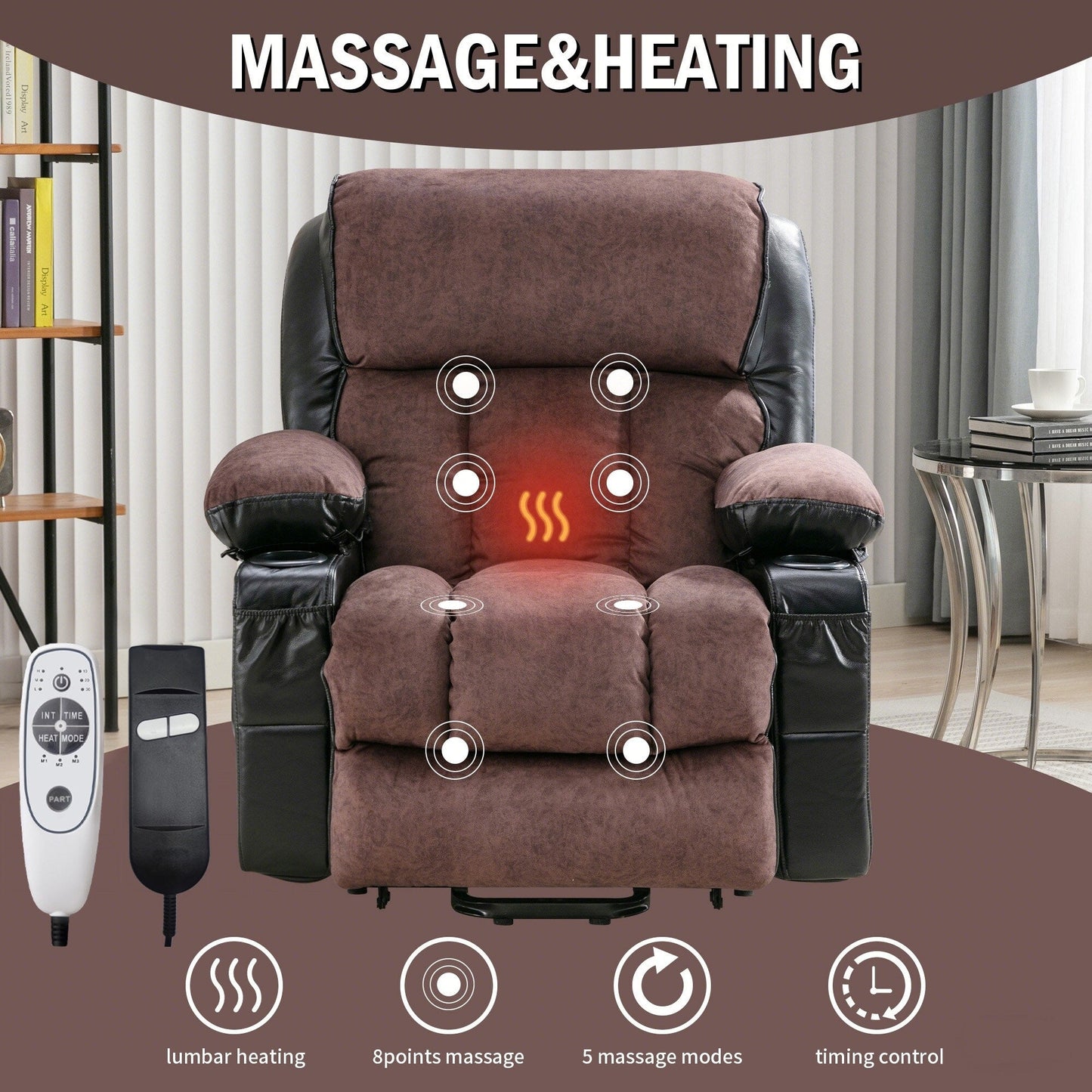 Grand fauteuil inclinable à levage électrique avec fonction chauffante et massage à 8 points - Télécommande, port USB