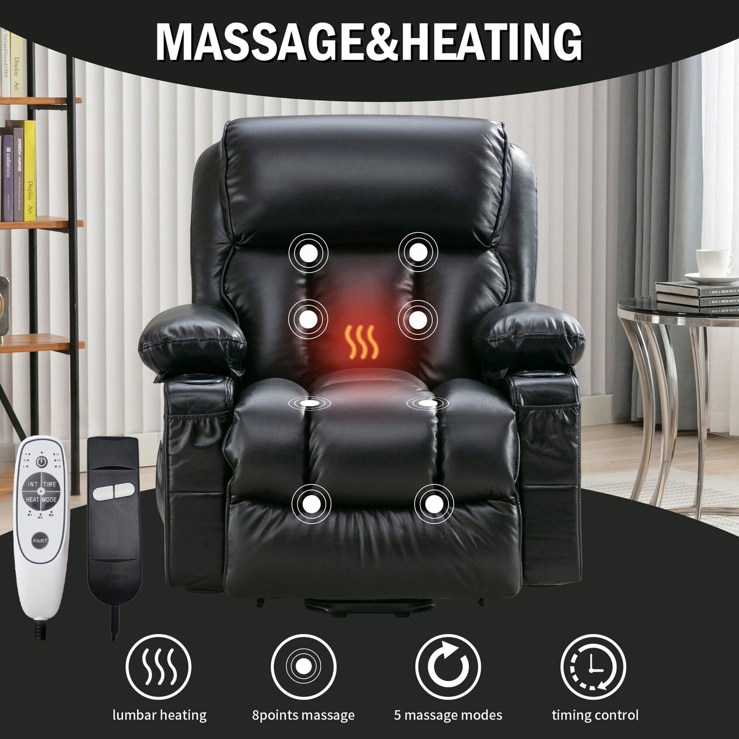 Grand fauteuil inclinable à levage électrique avec fonction chauffante et massage à 8 points - Télécommande, port USB