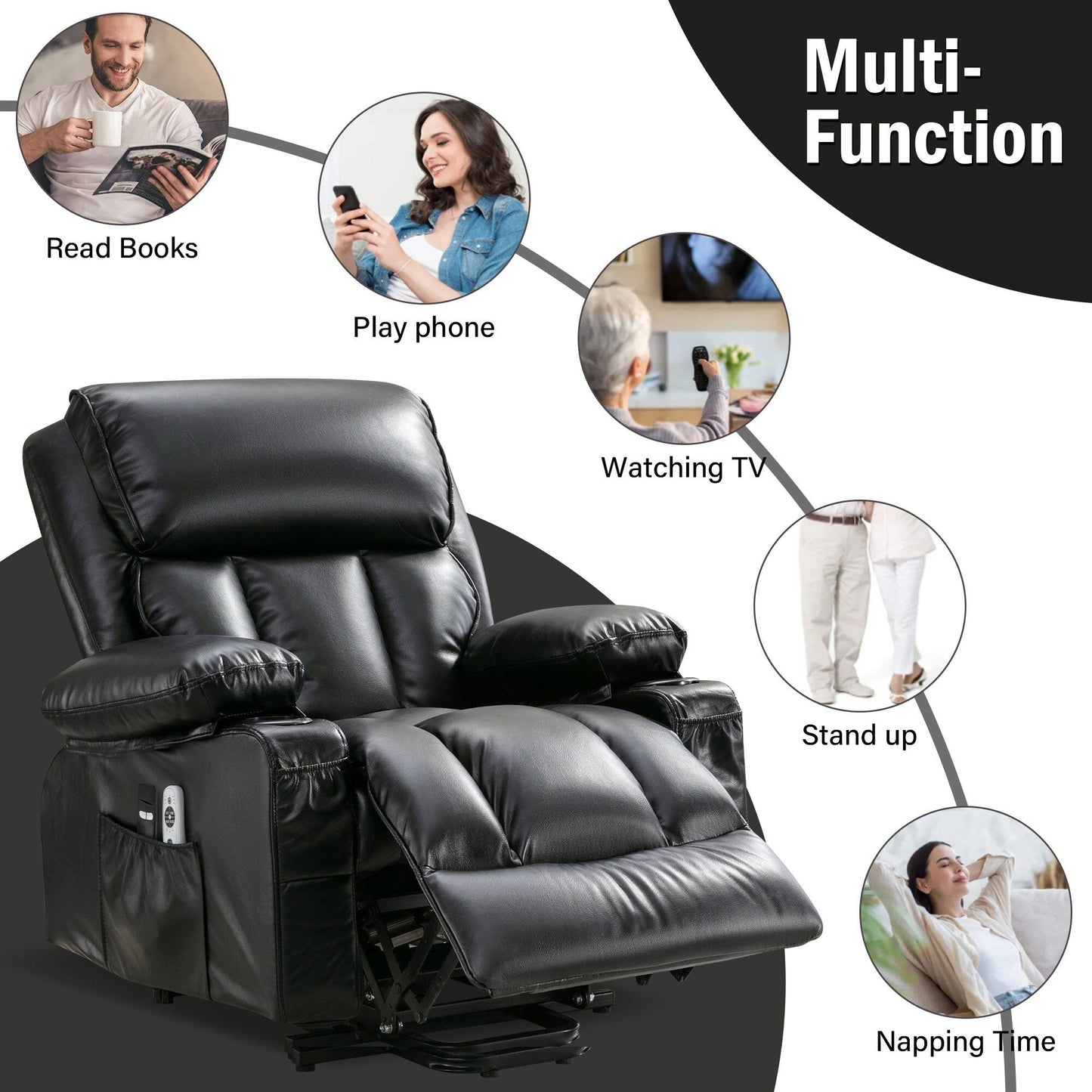 Grand fauteuil inclinable à levage électrique avec fonction chauffante et massage à 8 points - Télécommande, port USB