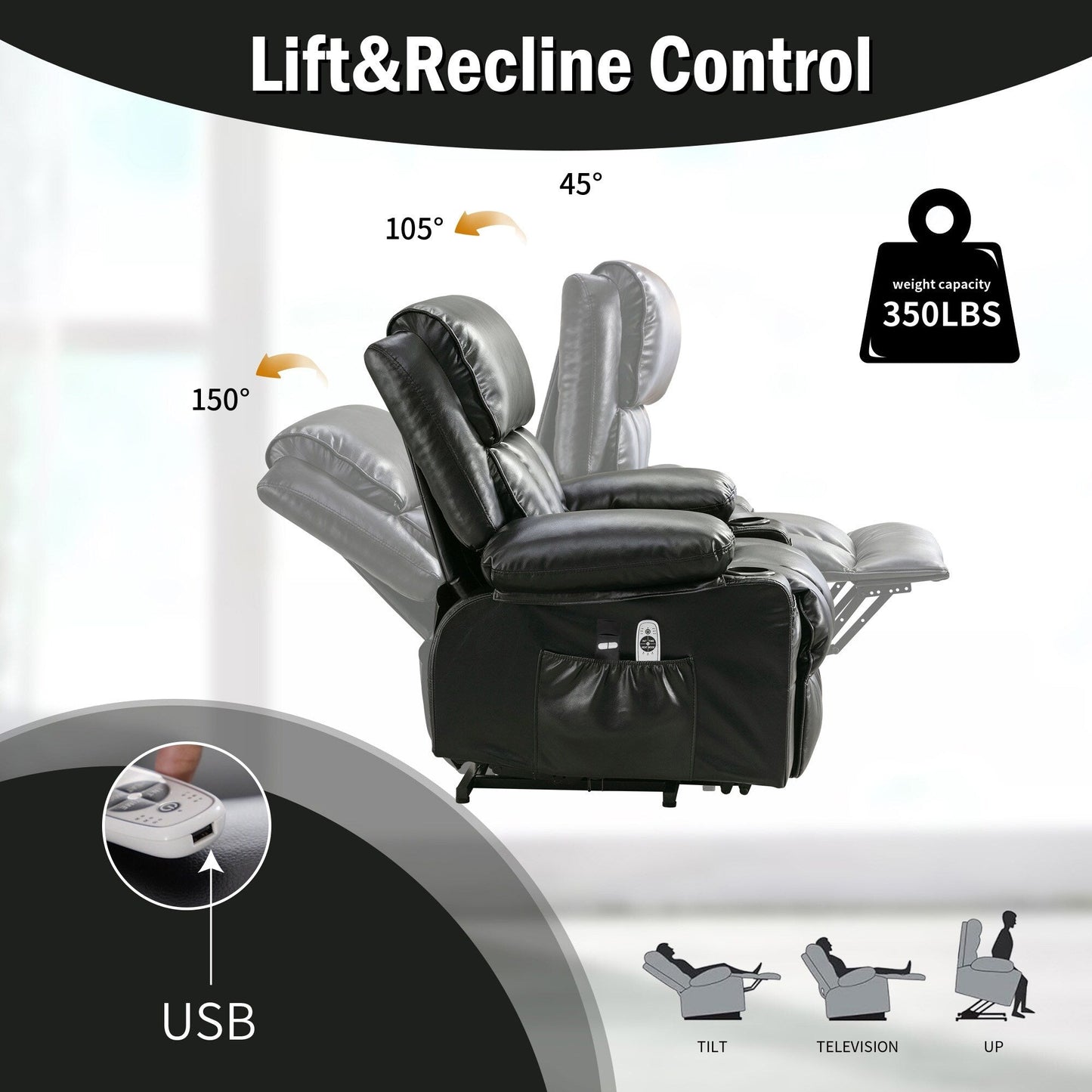 Grand fauteuil inclinable à levage électrique avec fonction chauffante et massage à 8 points - Télécommande, port USB