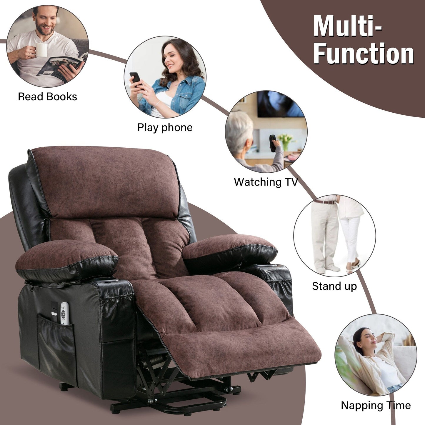 Grand fauteuil inclinable à levage électrique avec fonction chauffante et massage à 8 points - Télécommande, port USB