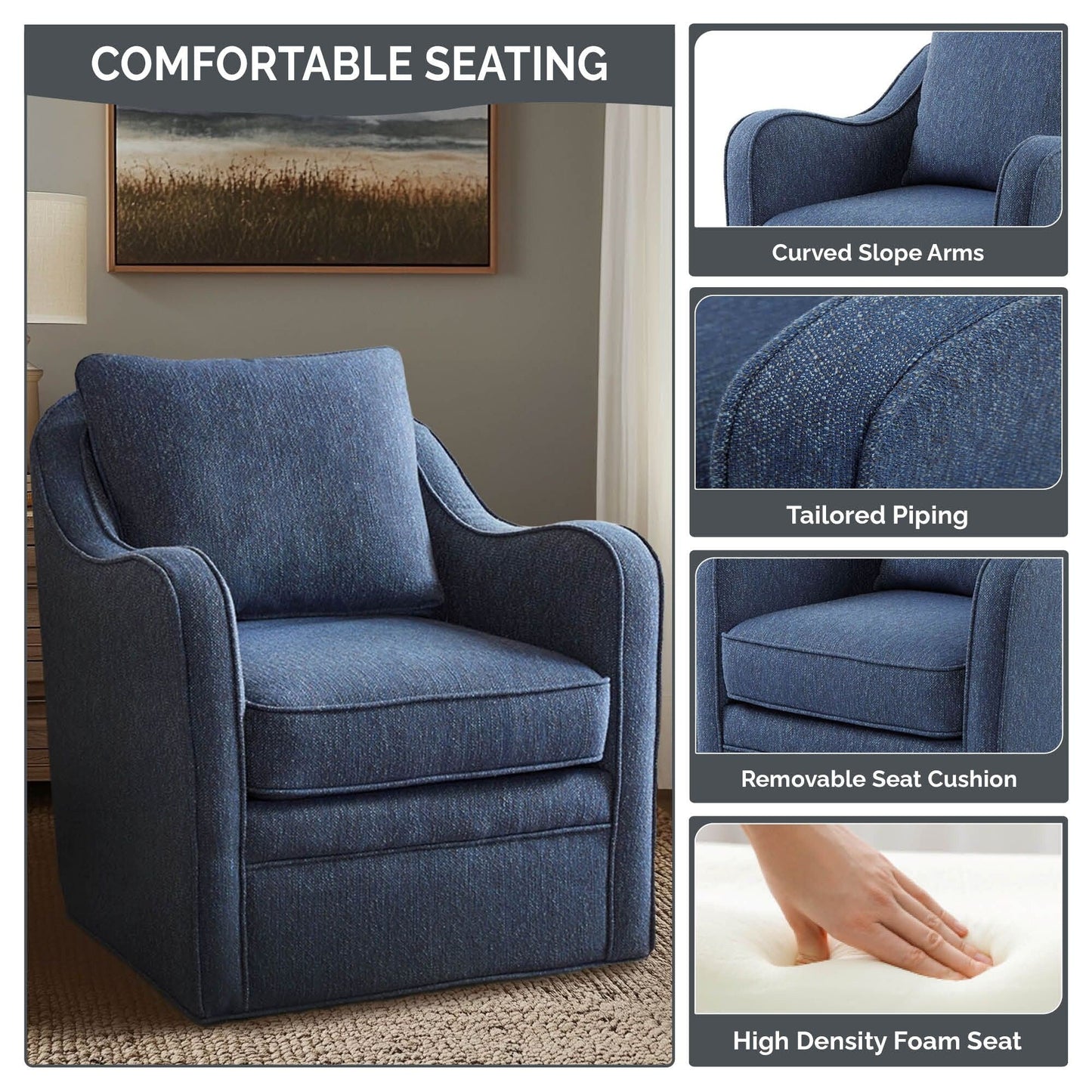 Fauteuil pivotant à accoudoirs incurvés et recouvert de tissu Madison Park Betty