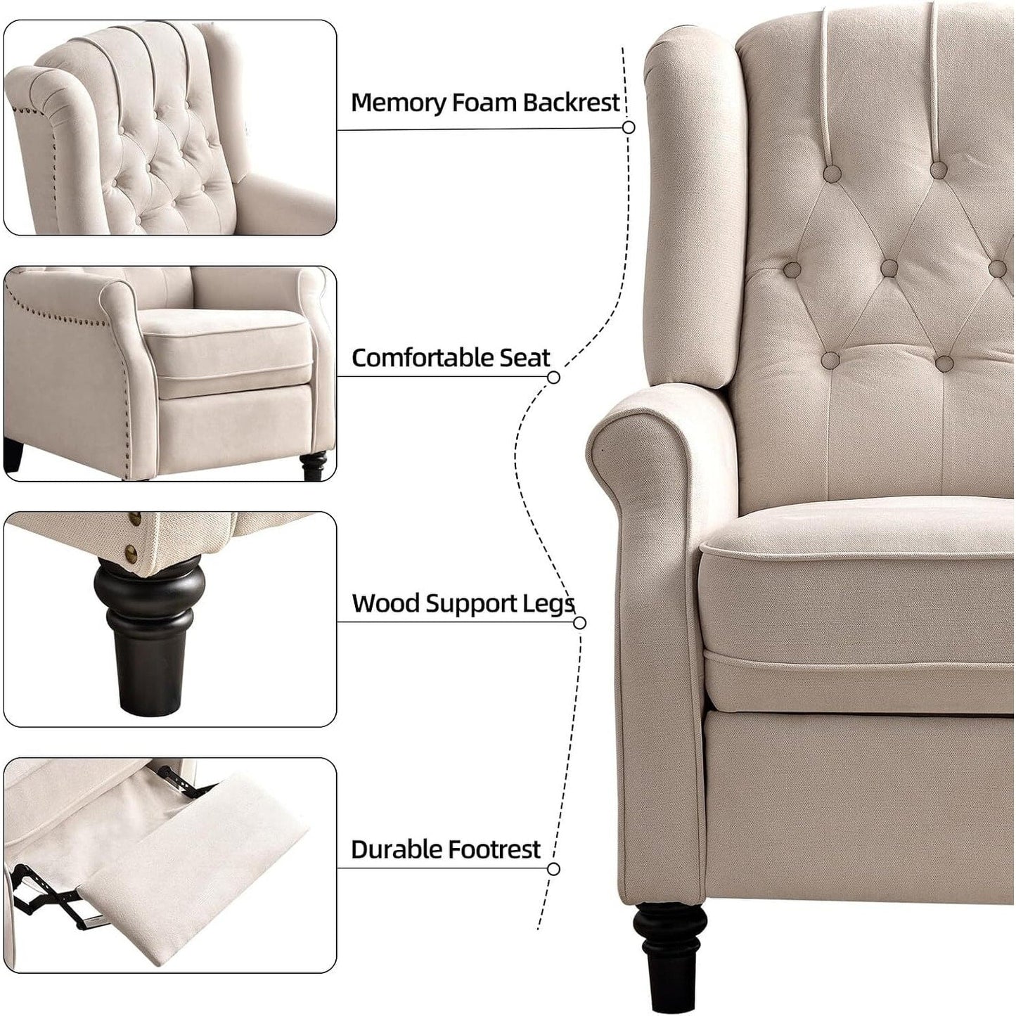 Fauteuil inclinable à bascule, fauteuil en tissu à bascule avec décoration à rivets, fauteuil d'appoint pour salon.