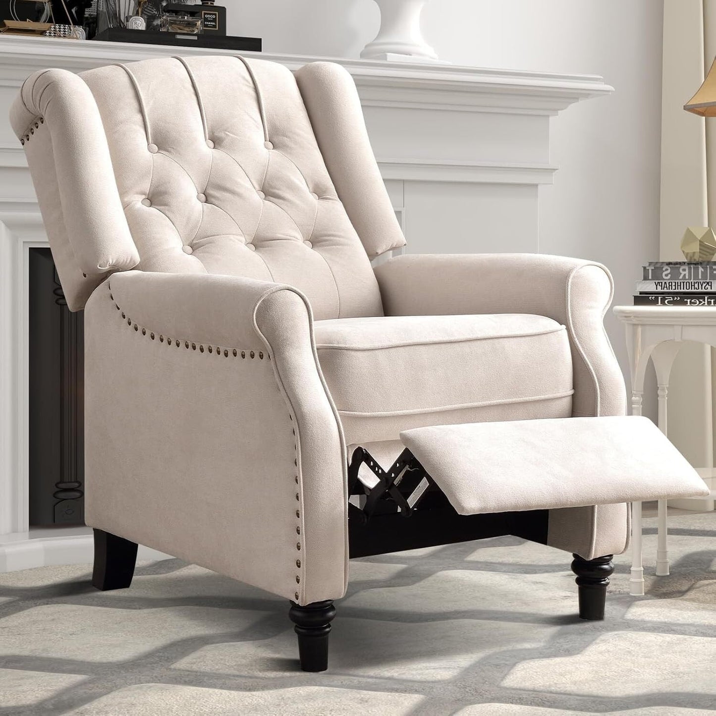 Fauteuil inclinable à bascule, fauteuil en tissu à bascule avec décoration à rivets, fauteuil d'appoint pour salon.