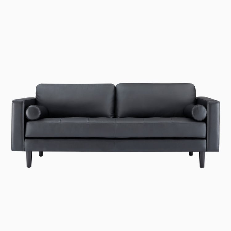 Canapé moderne en cuir véritable avec pieds en bois et coussin supplémentaire.