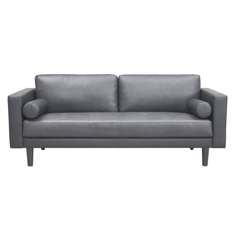 Canapé moderne en cuir véritable avec pieds en bois et coussin supplémentaire.