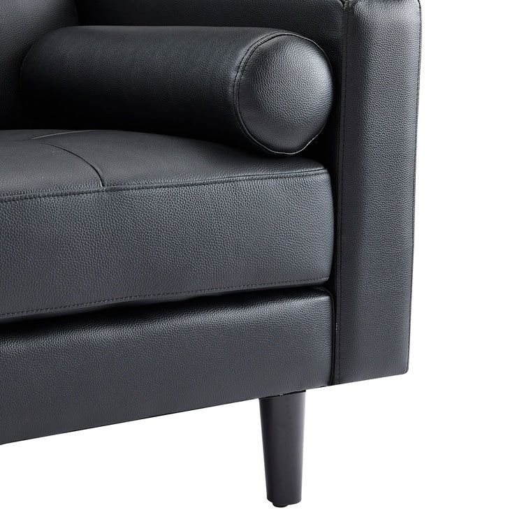 Canapé moderne en cuir véritable avec pieds en bois et coussin supplémentaire.