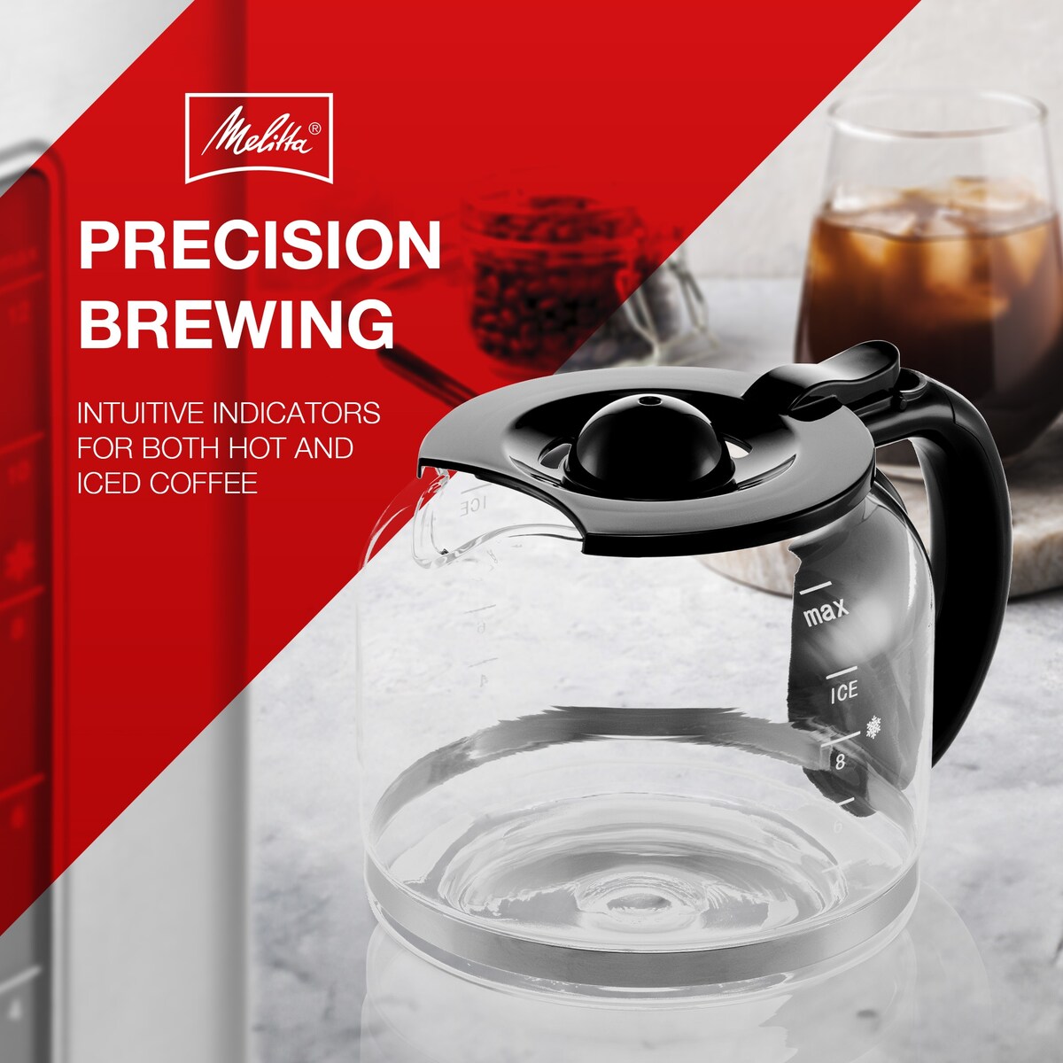 Machine à café goutte-à-goutte Melitta Aroma Tocco Plus, 12 tasses, pour café chaud et glacé, avec carafe en verre et écran tactile.