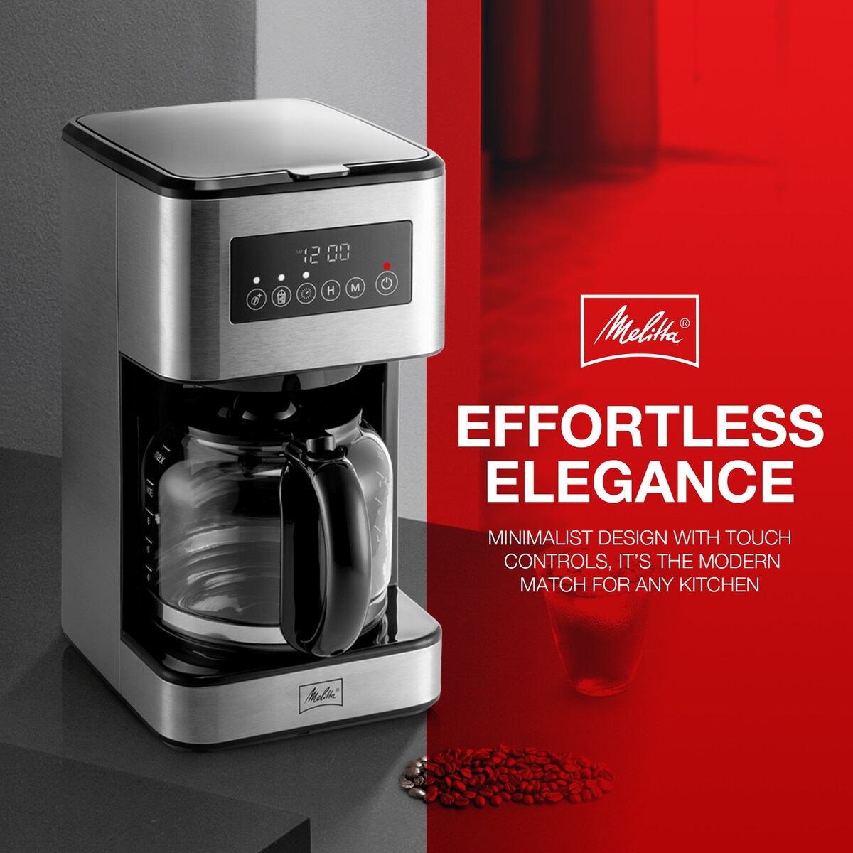 Machine à café goutte-à-goutte Melitta Aroma Tocco Plus, 12 tasses, pour café chaud et glacé, avec carafe en verre et écran tactile.