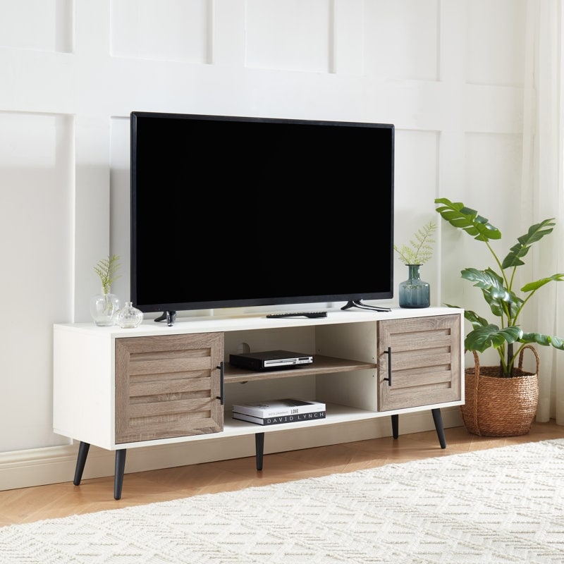 Meuble TV style Mid-Century Modern pour télévisions jusqu'à 70 pouces, meuble multimédia - 52 cm (H) x 150 cm (L) x 39 cm (P)