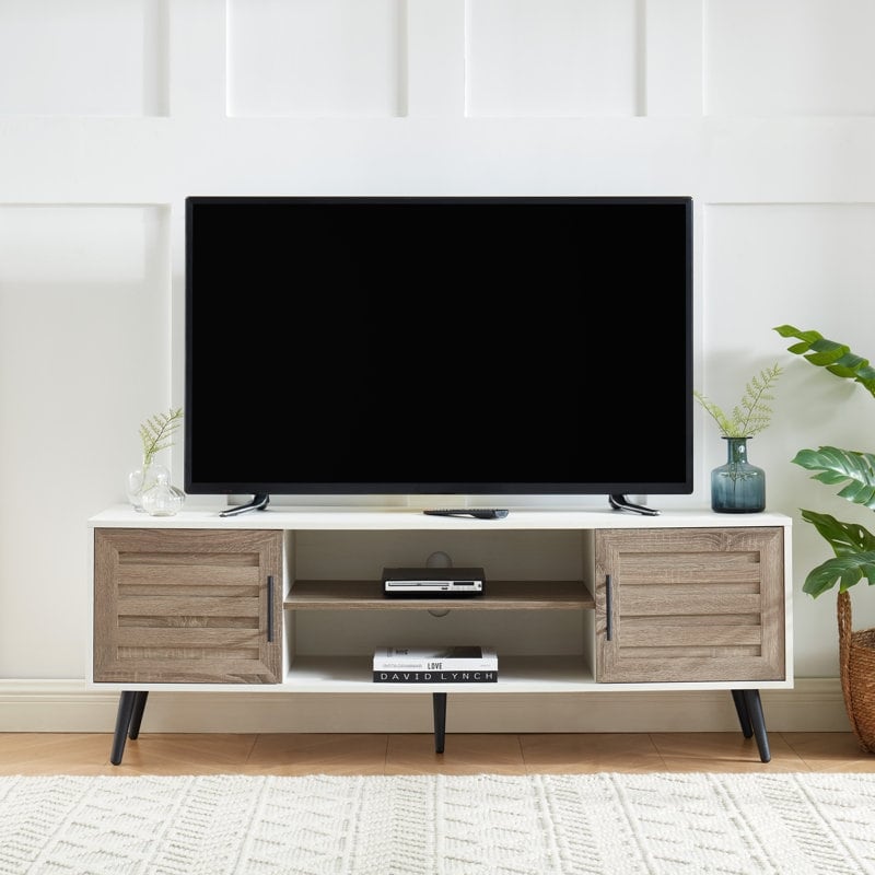Meuble TV style Mid-Century Modern pour télévisions jusqu'à 70 pouces, meuble multimédia - 52 cm (H) x 150 cm (L) x 39 cm (P)