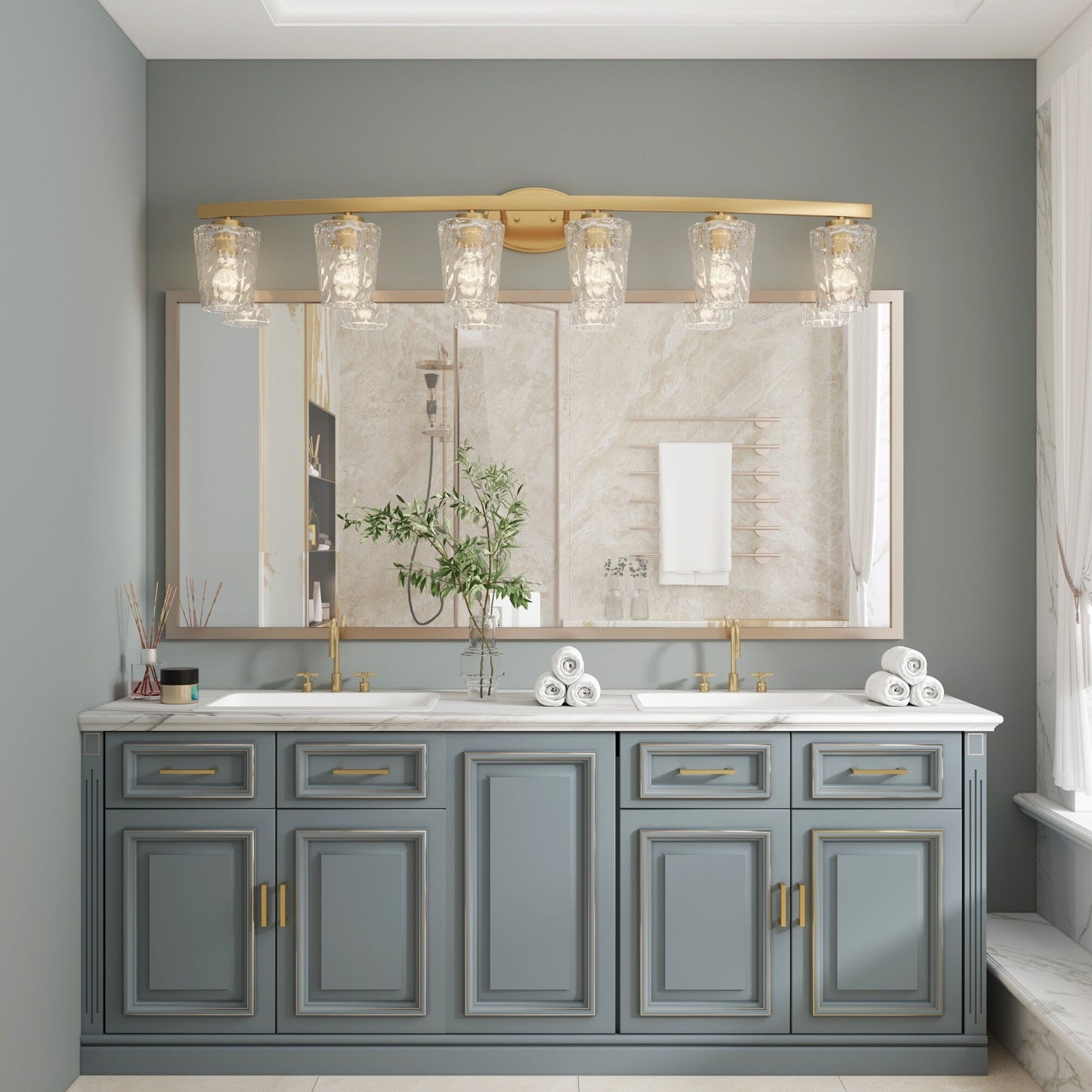 Applique murale de salle de bain à 6 lumières LED, style moderne du milieu du siècle, avec verre artistique et fonction de gradation - 51 pouces