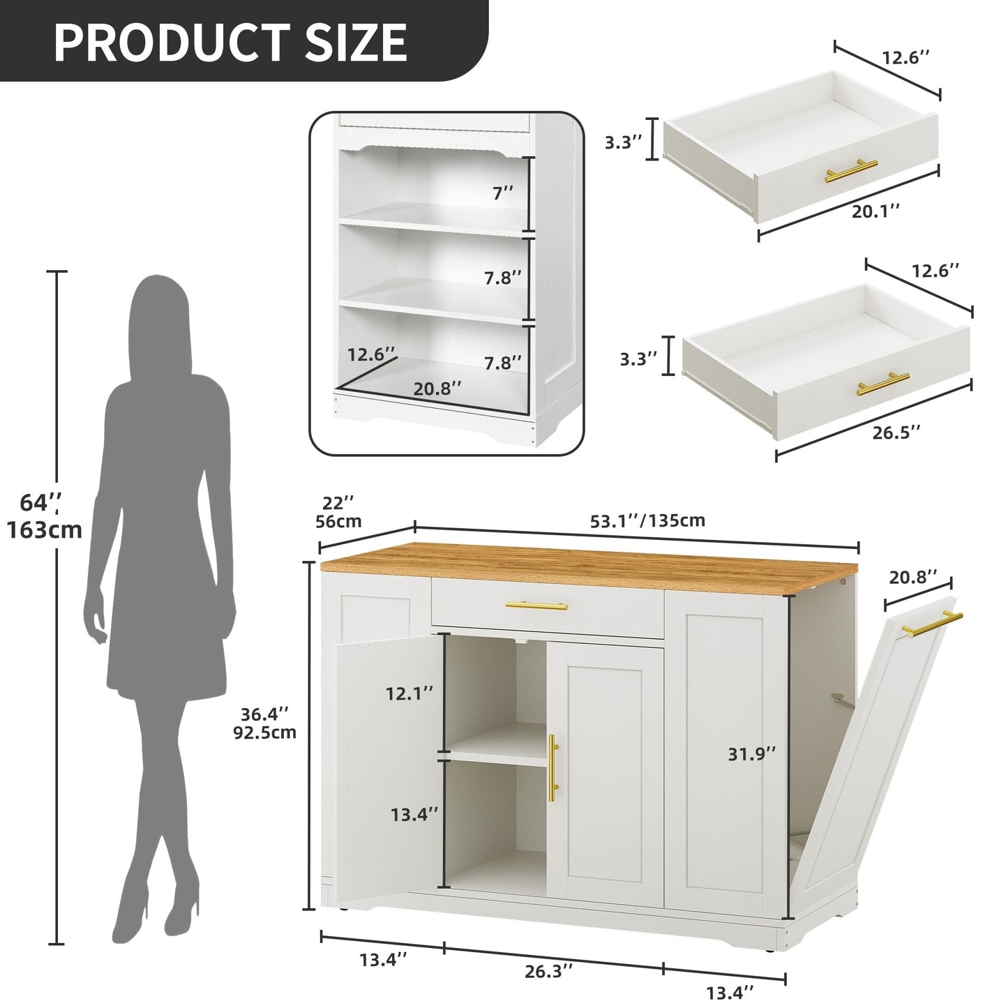Moasis Meuble de rangement roulant pour îlot de cuisine de 53 pouces, chariot de cuisine mobile portable