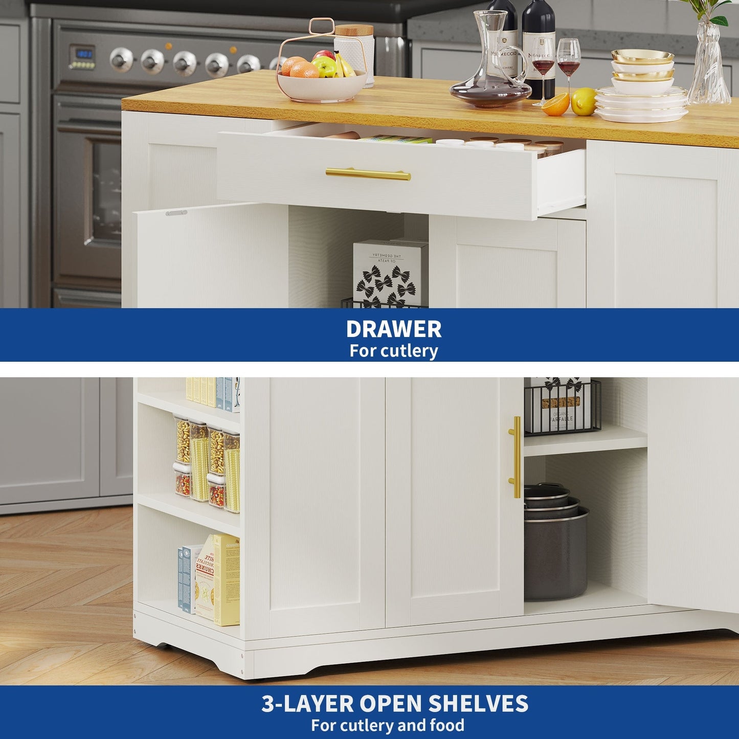 Moasis Meuble de rangement roulant pour îlot de cuisine de 53 pouces, chariot de cuisine mobile portable