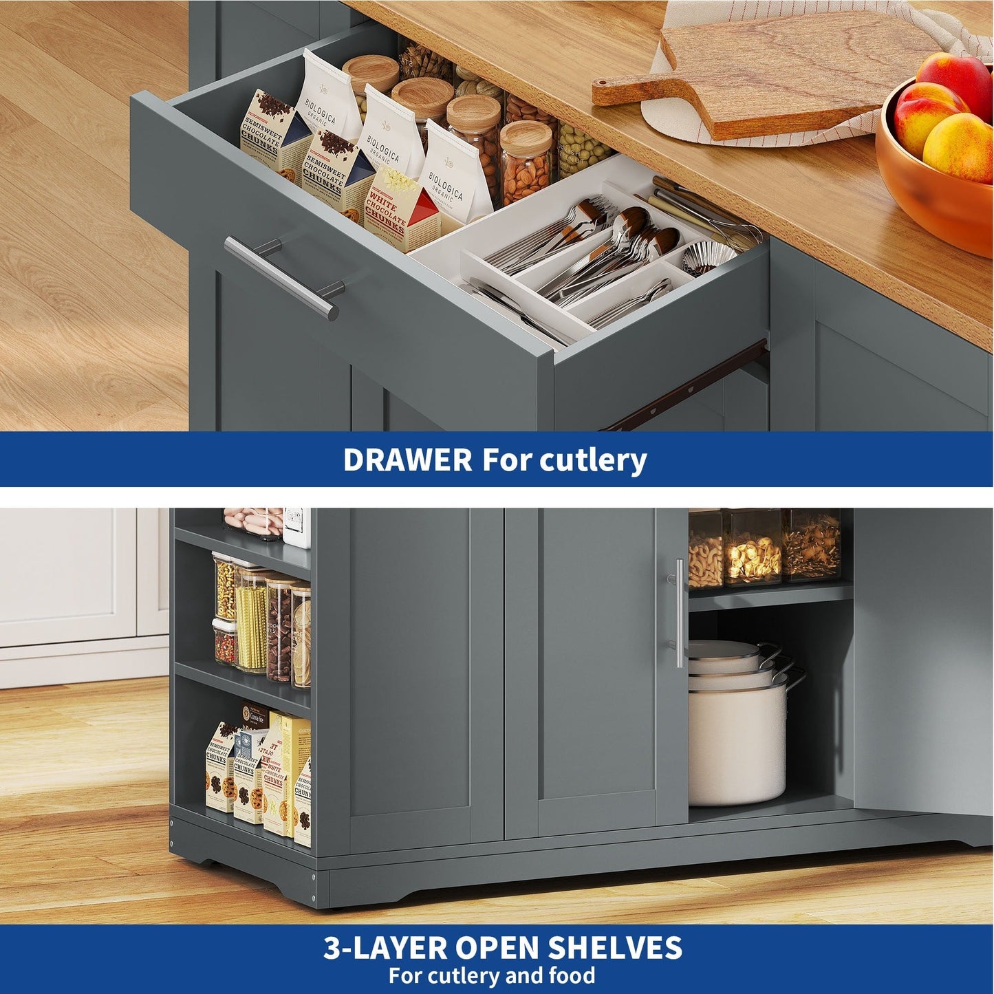 Moasis Meuble de rangement roulant pour îlot de cuisine de 53 pouces, chariot de cuisine mobile portable