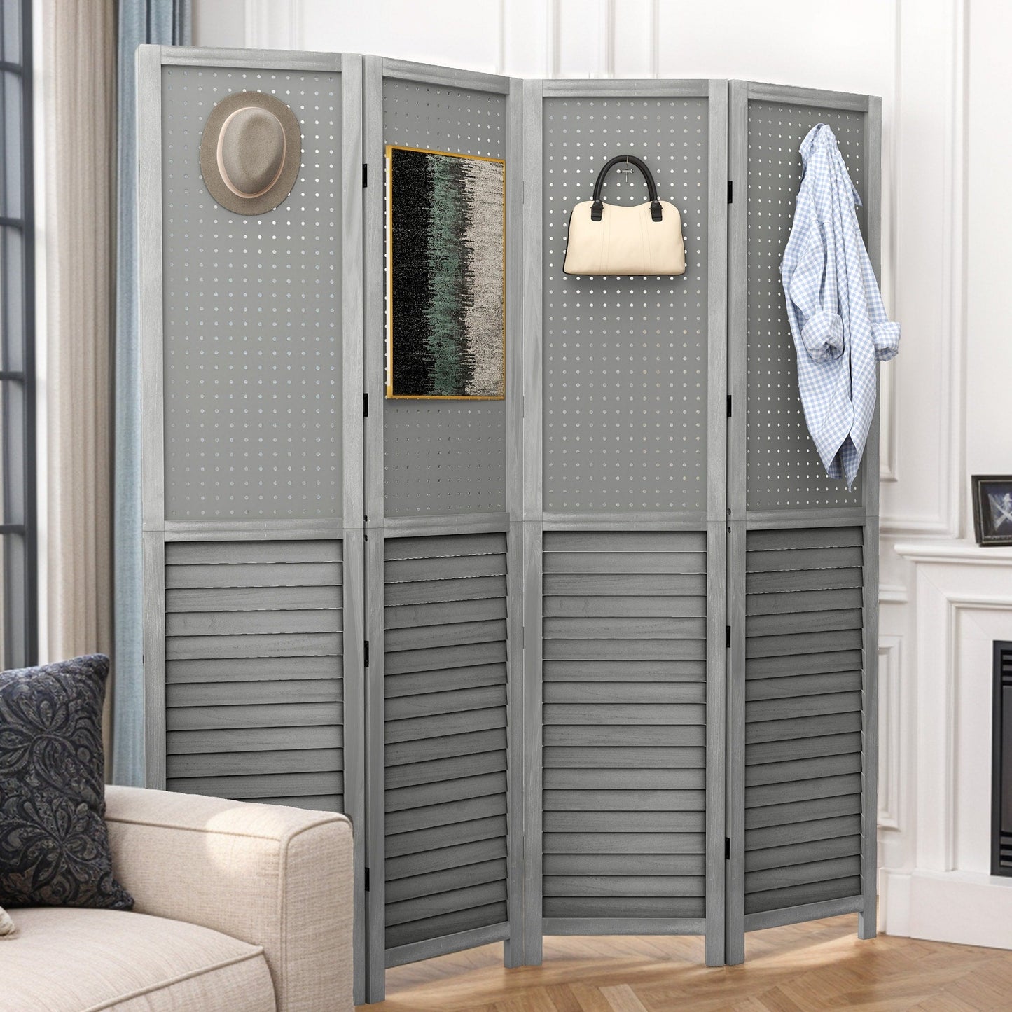 Paravent de séparation de pièce en bois Moasis 67 blanc à 4 panneaux