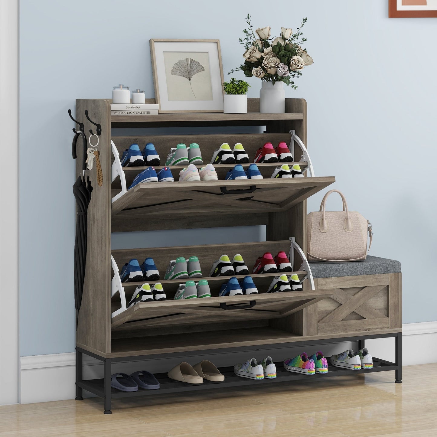 Meuble à chaussures de style farmhouse Moasis avec 2 tiroirs à rabat pour 16 paires, meuble de rangement pour chaussures d'entrée avec banc à chaussures.