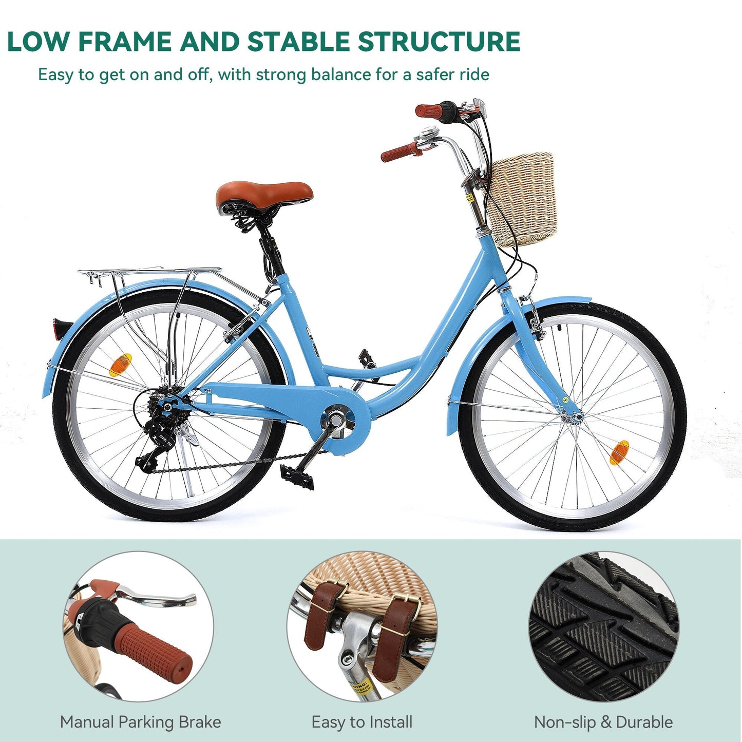 Moasis24/26 Vélo de ville à 7 vitesses, vélo de croisière à pas réglable, vélo de trajet domicile-travail.