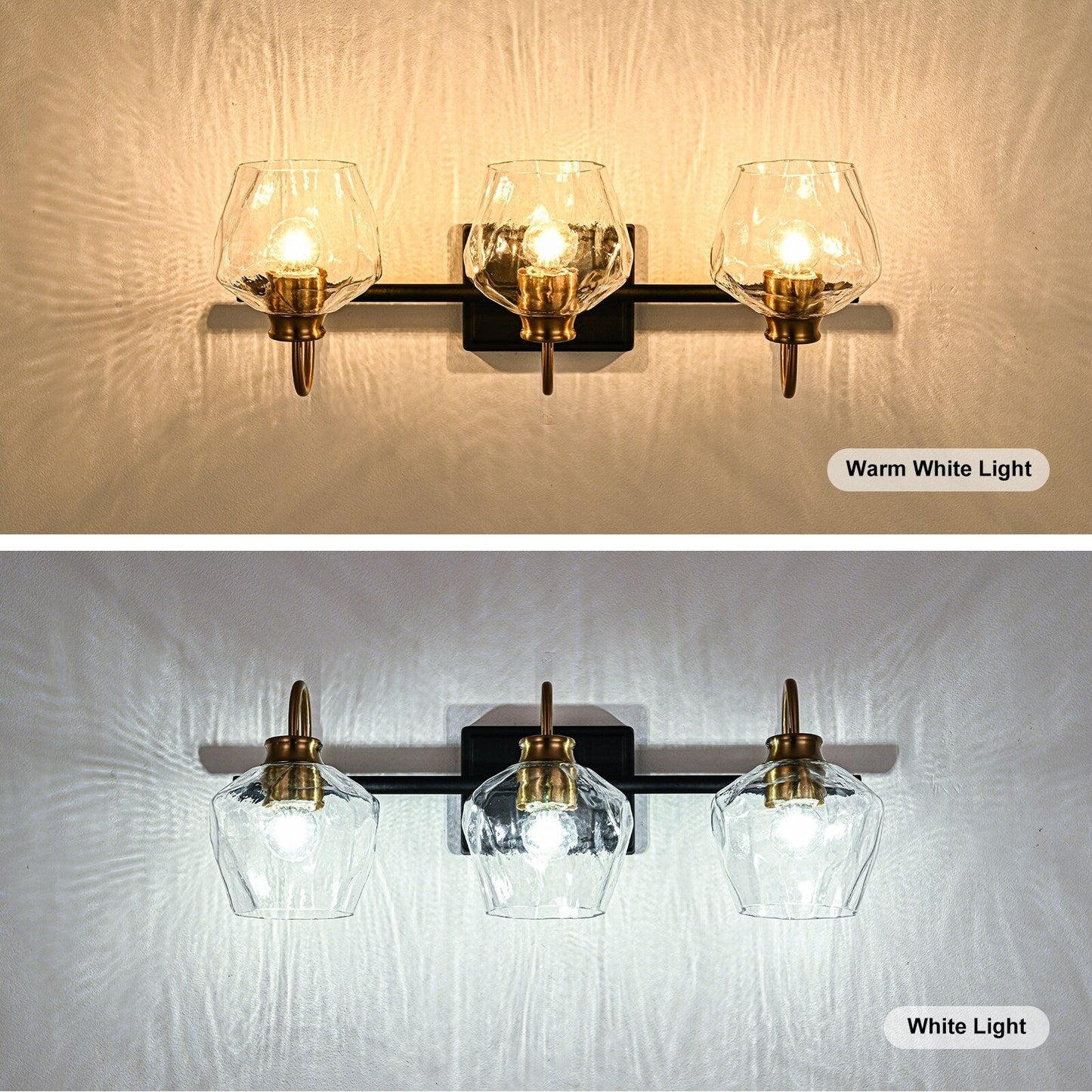 Appliques murales de salle de bain modernes à 3 ou 4 lumières, avec abat-jour en verre, et fonction de gradation.
