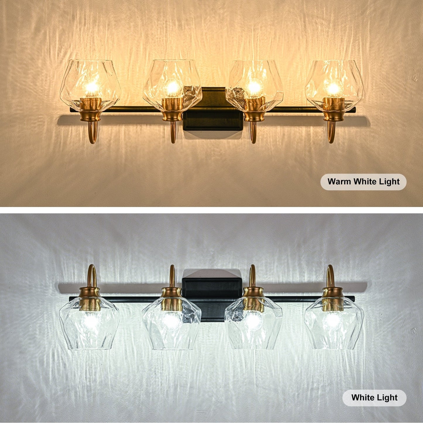 Appliques murales de salle de bain modernes à 3 ou 4 lumières, avec abat-jour en verre, et fonction de gradation.