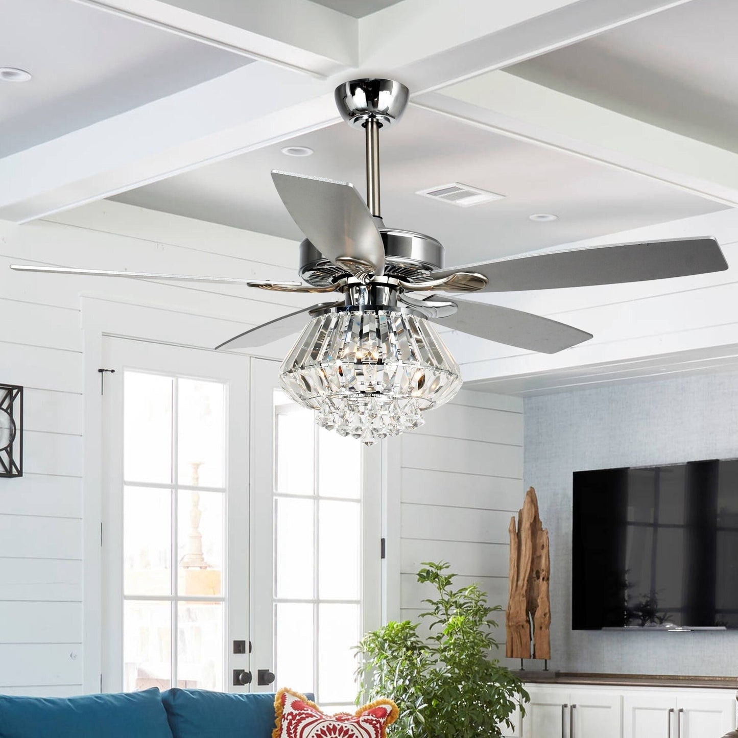 Ventilateur de plafond avec lustre en cristal chromé moderne de 52 pouces avec télécommande
