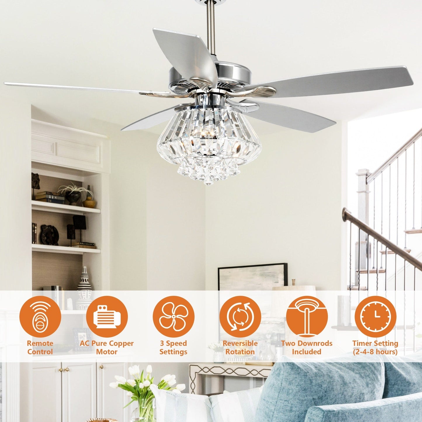 Ventilateur de plafond avec lustre en cristal chromé moderne de 52 pouces avec télécommande