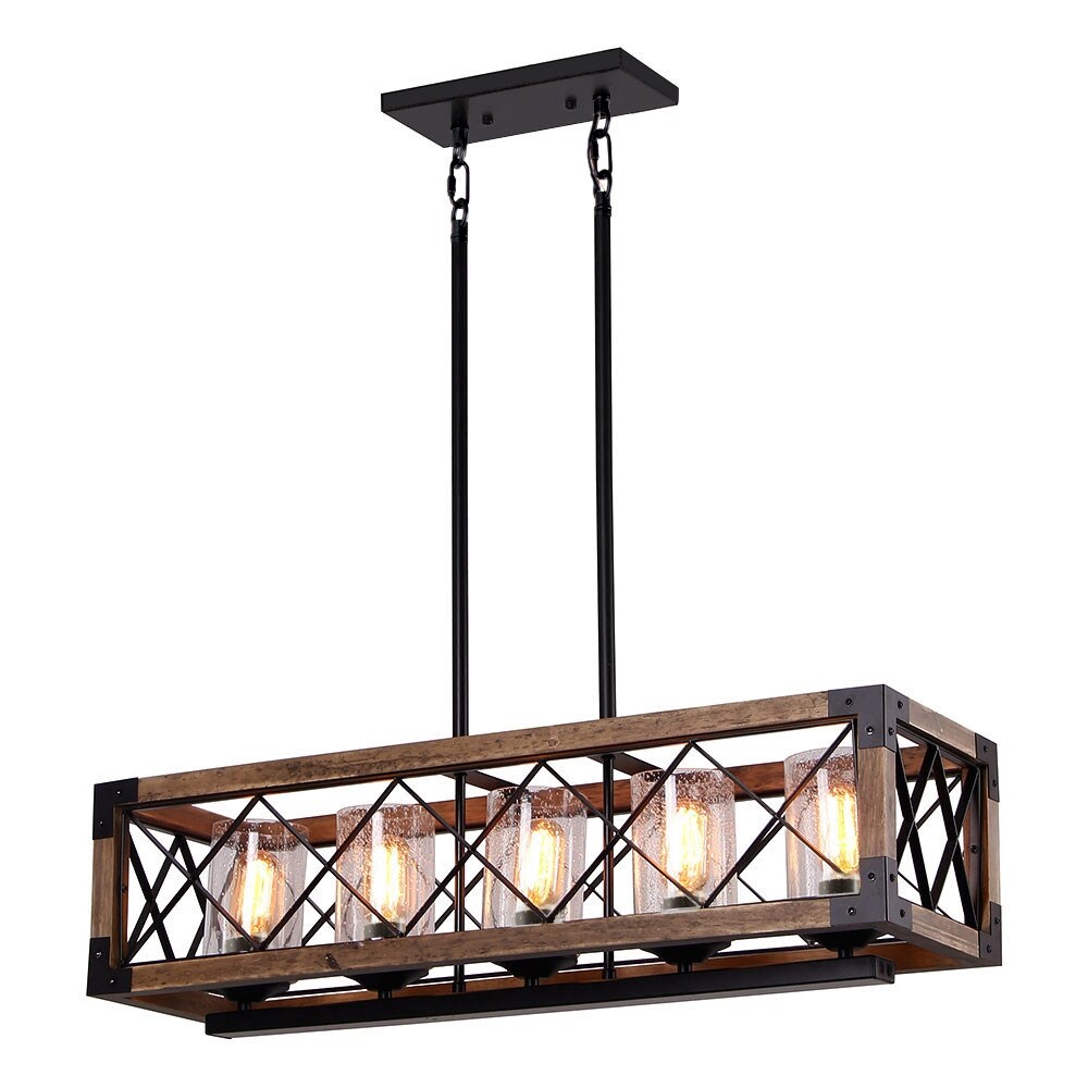 Luminaire suspendu rectangulaire en bois à 5 lumières, style ferme moderne, avec verre dépoli, pour îlot de cuisine, salle à manger - 79,9 cm L x 22,2 cm l x 20,3 cm H