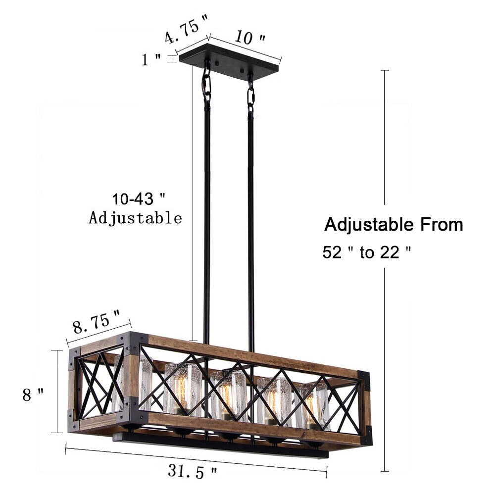 Luminaire suspendu rectangulaire en bois à 5 lumières, style ferme moderne, avec verre dépoli, pour îlot de cuisine, salle à manger - 79,9 cm L x 22,2 cm l x 20,3 cm H