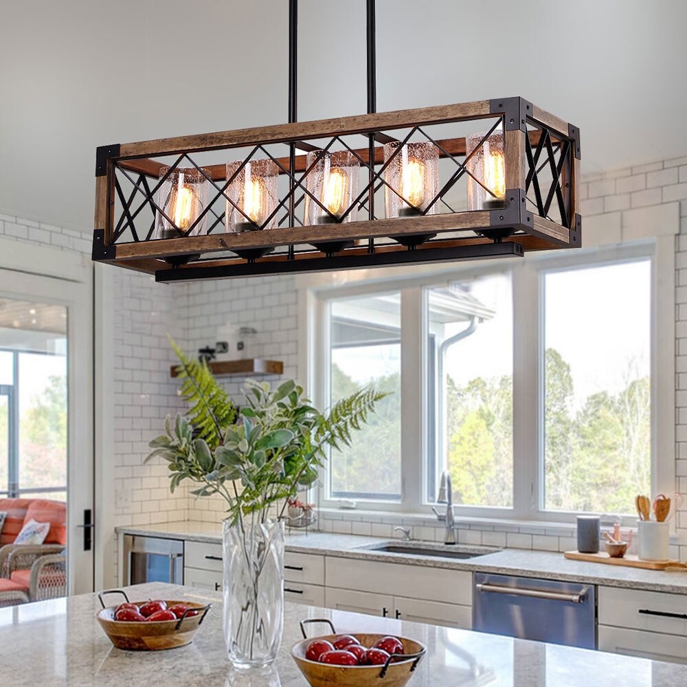 Luminaire suspendu rectangulaire en bois à 5 lumières, style ferme moderne, avec verre dépoli, pour îlot de cuisine, salle à manger - 79,9 cm L x 22,2 cm l x 20,3 cm H