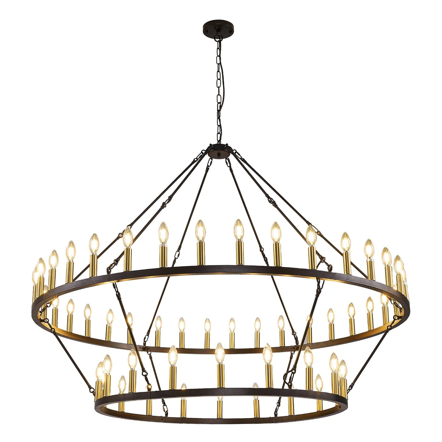 Luminaire suspendu moderne style ferme, lustre à 2 niveaux en forme de roue de charrette, grand luminaire pour plafond haut.