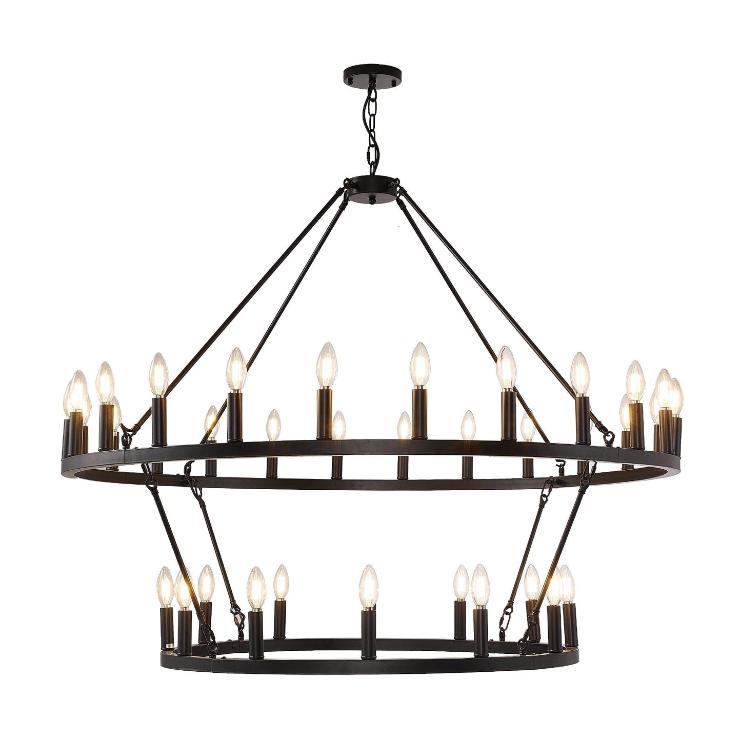 Luminaire suspendu moderne style ferme, lustre à 2 niveaux en forme de roue de charrette, grand luminaire pour plafond haut.