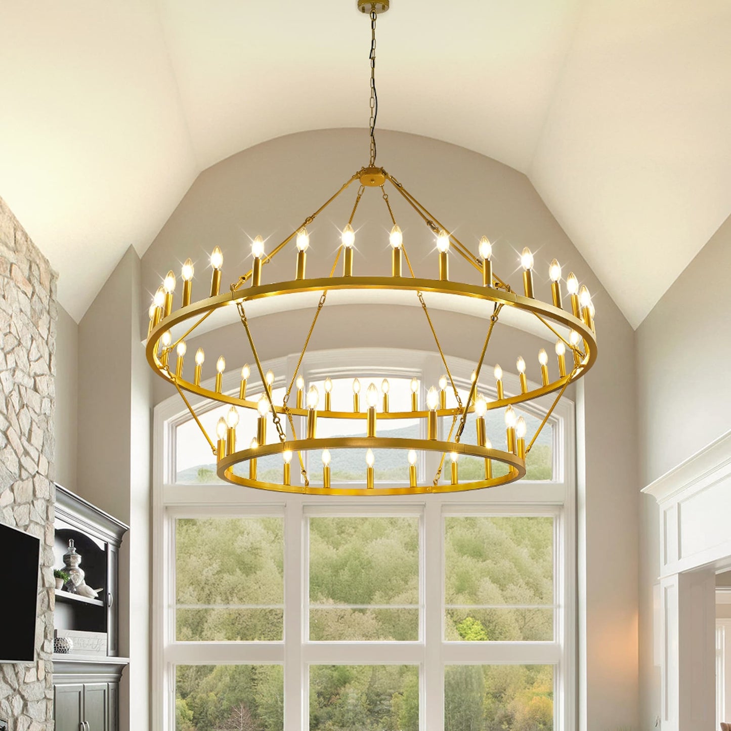 Luminaire suspendu moderne style ferme, lustre à 2 niveaux en forme de roue de charrette, grand luminaire pour plafond haut.