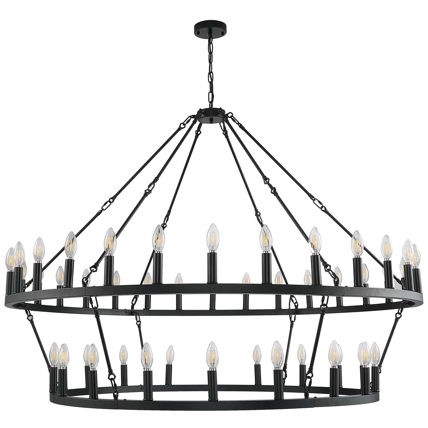 Luminaire suspendu moderne style ferme, lustre à 2 niveaux en forme de roue de charrette, grand luminaire pour plafond haut.