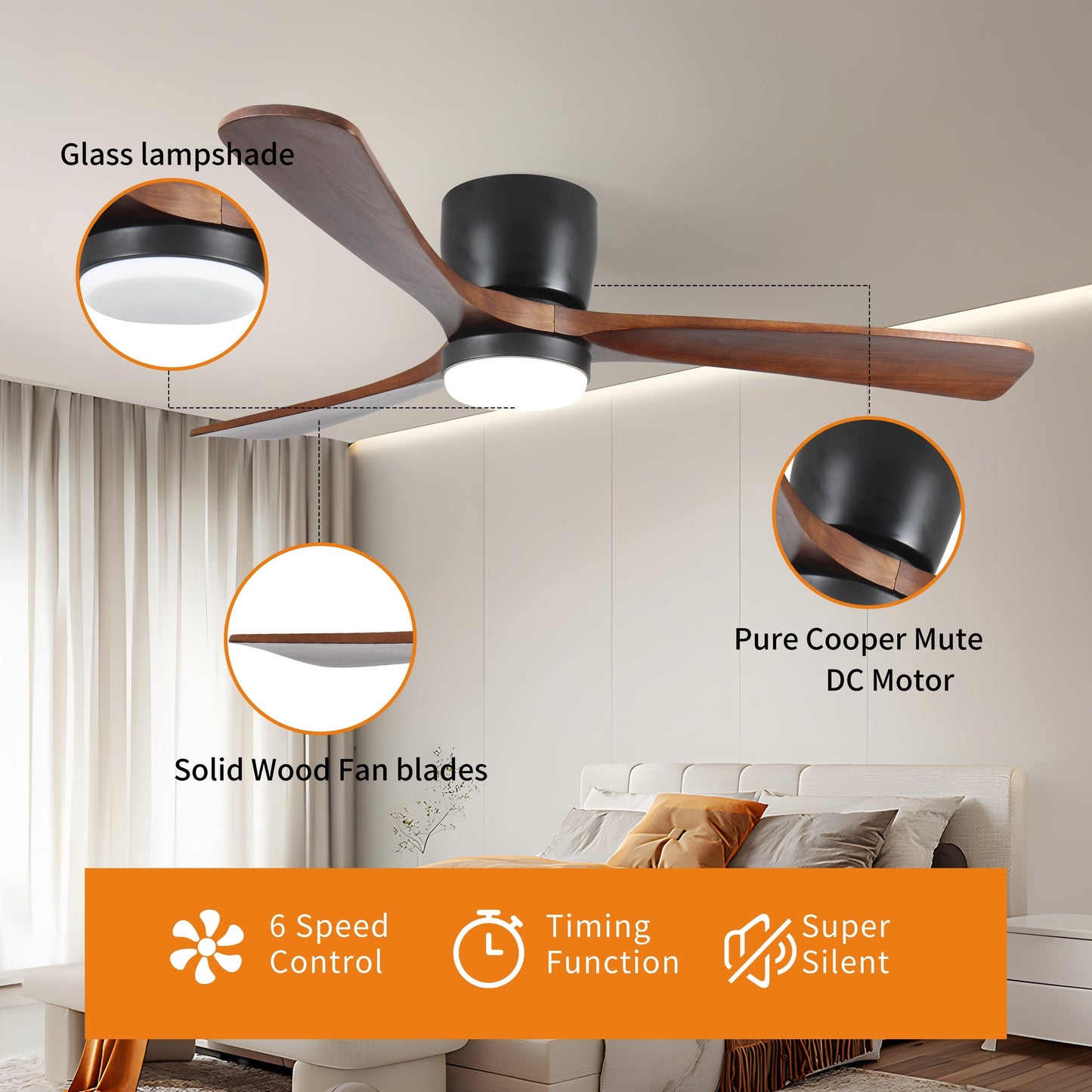 Ventilateur de plafond moderne à montage encastré avec éclairage LED dimmable et télécommande, ventilateur de plafond réversible 42 pouces pour salon, noir.